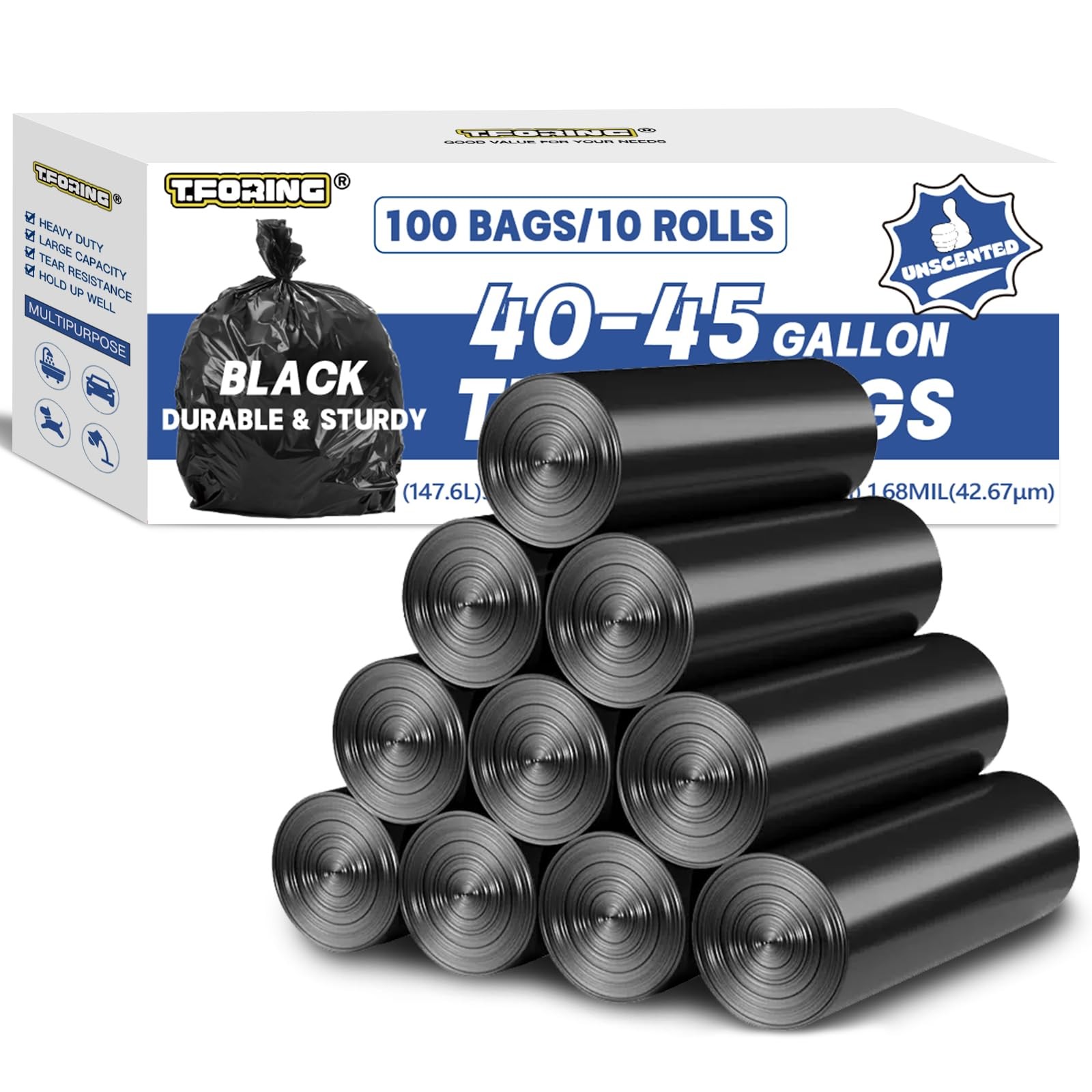 Large 40-45 Gallon Trash Bags Heavy Duty – 1.6 Mil Thick,39”x47” Black Garbage