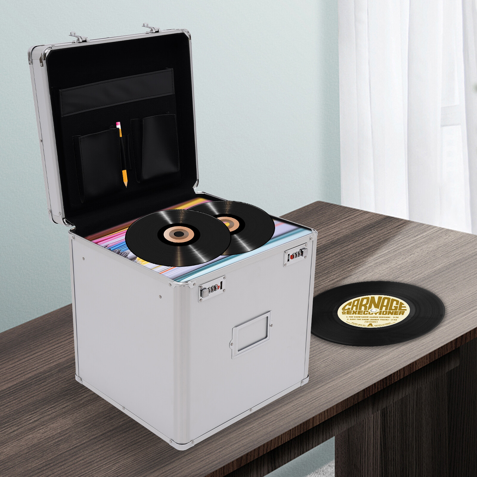 Tabletop Record Vinyl Carry Case Storage Box Locking with 50 Vinyl Record Silver