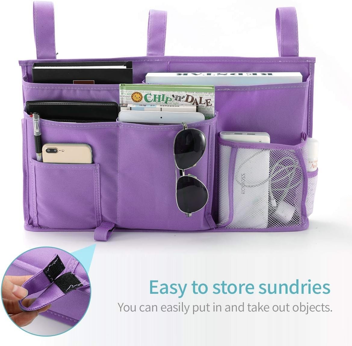 Adjustable Bedside Storage Caddy – 8 Pockets, Waterproof Oxford Cloth – Purple