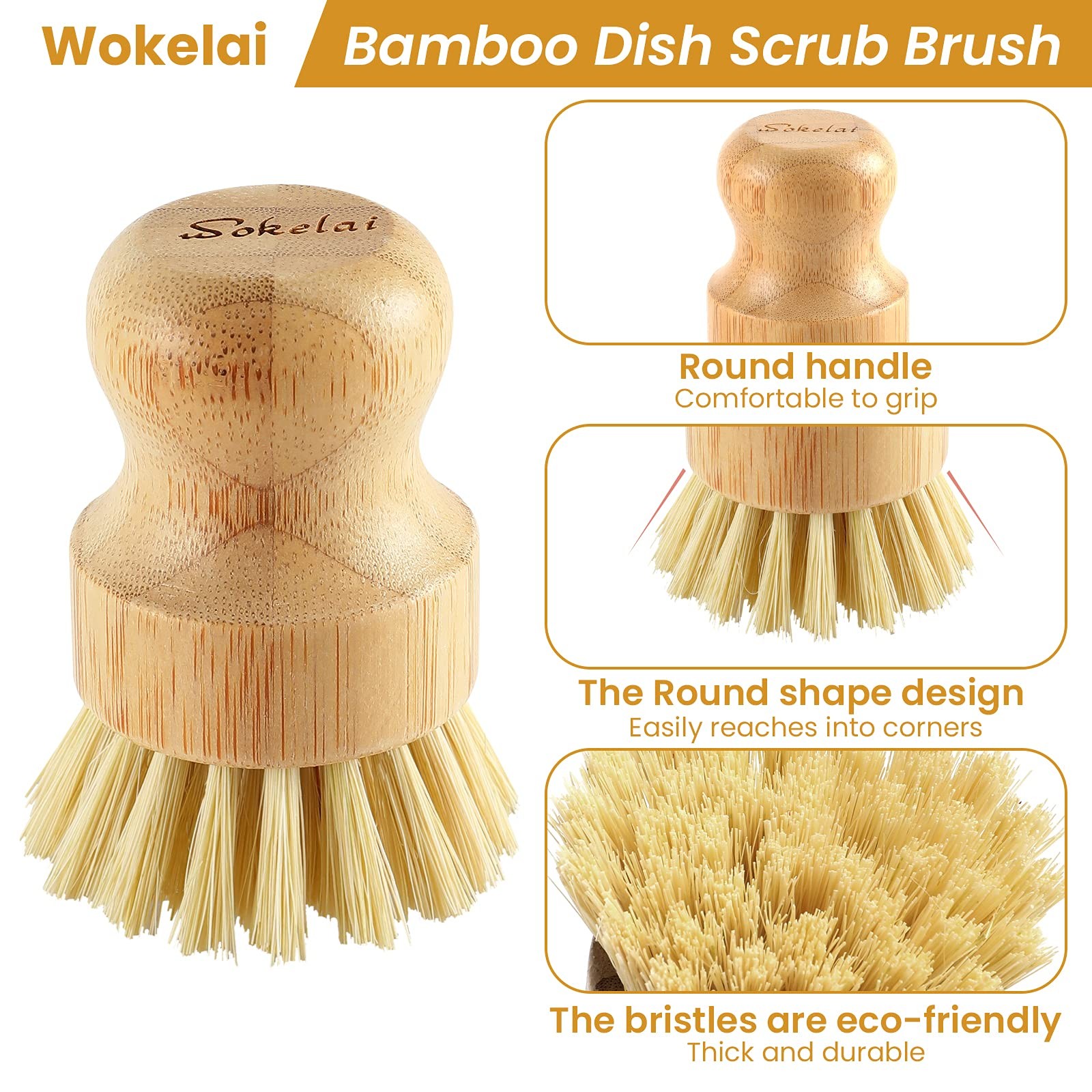 Bamboo Dish Scrub Brushes Set for Kitchen – Wooden Large (Pack of 2), Beige