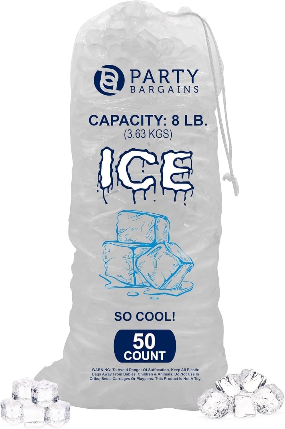 Party Bargains 8 lb Plastic Drawstring Ice Bags 50 Count 19″ x 08 LB, Clear