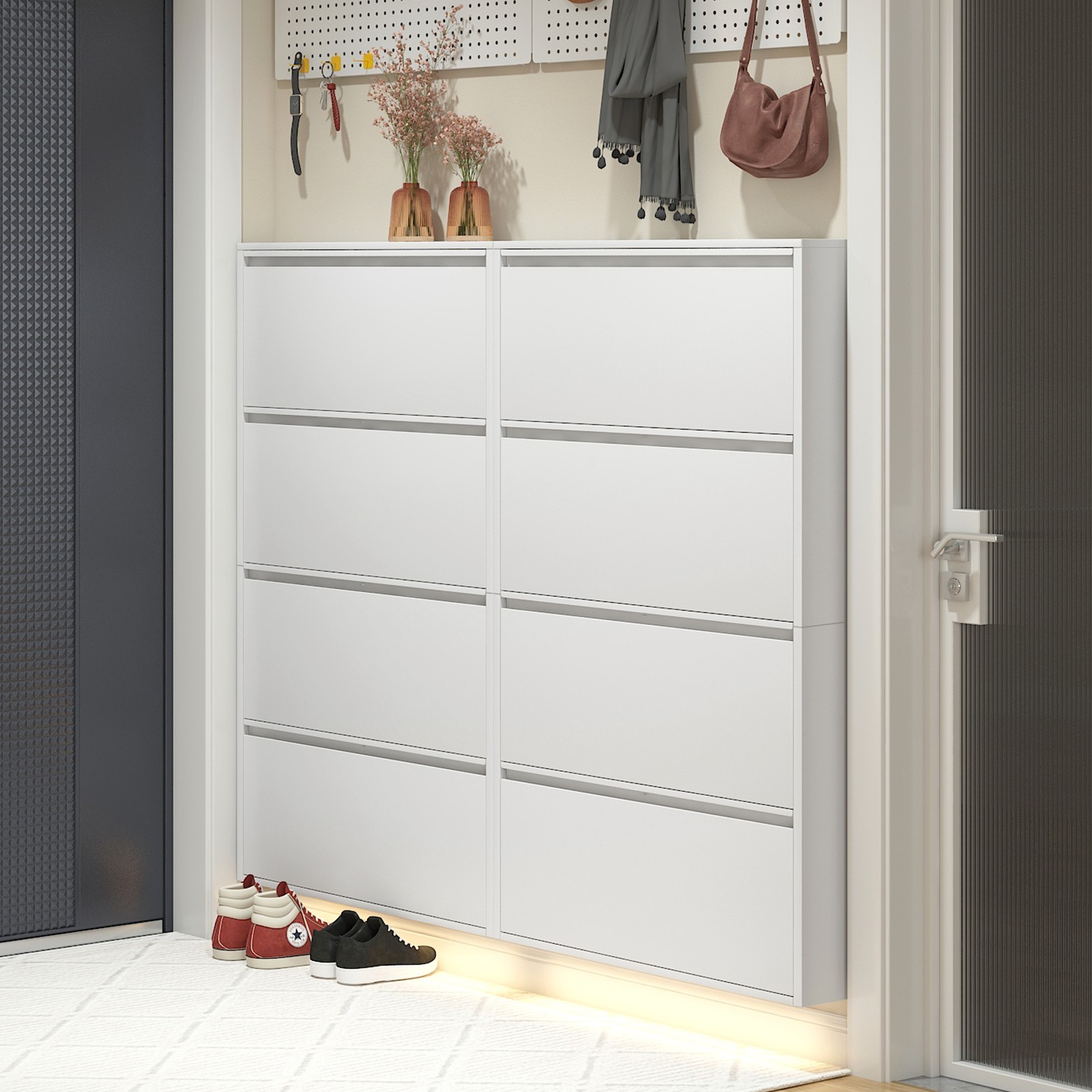Metal Shoe Cabinet with 4 Flip Drawers, Wall Mount Shoe Organizer for Entryway