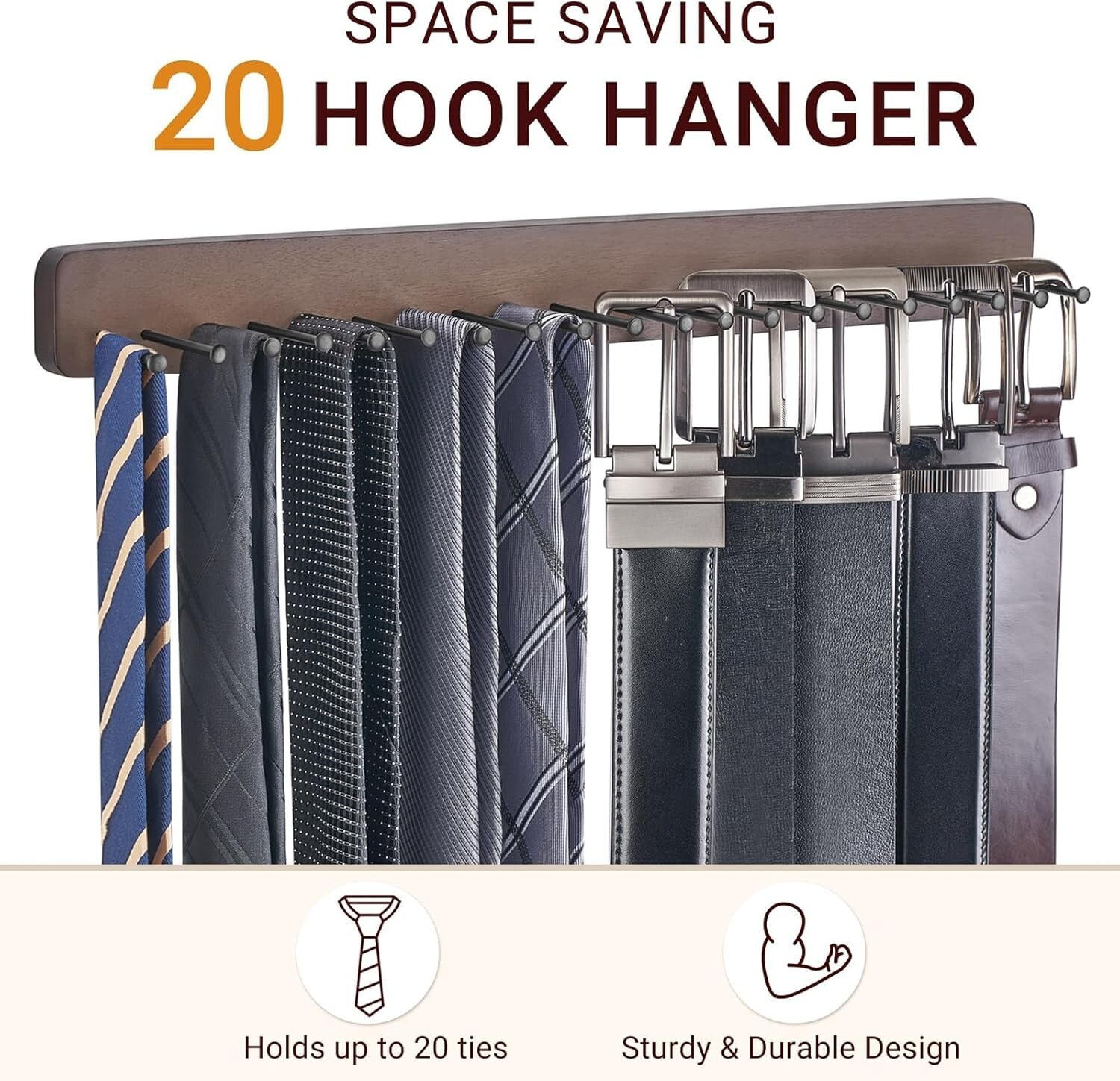 Tie Rack Wall Mounted Belt Hanger Holder Rustic Wood Tie Organizer for Men New