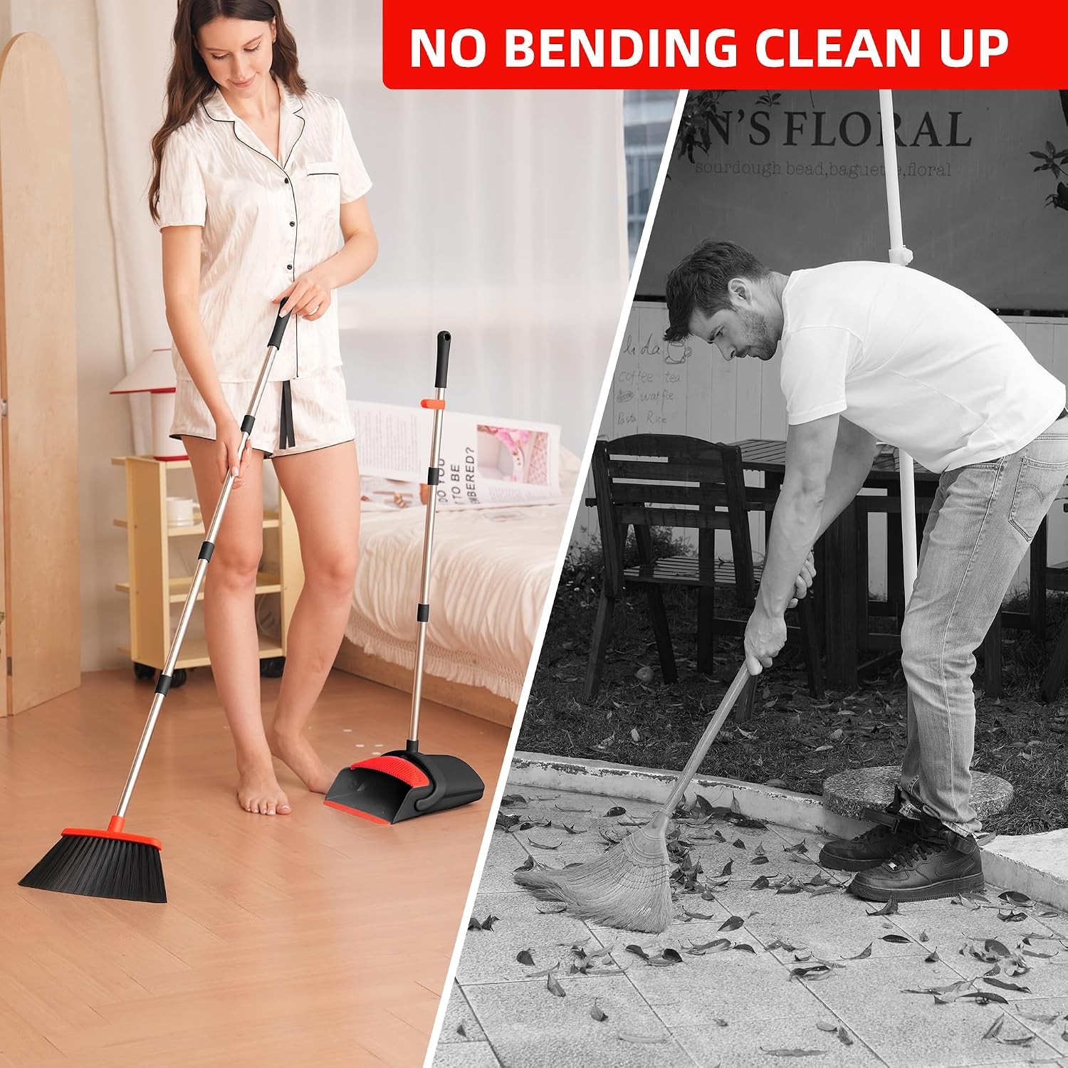Long Handle Broom & Dustpan Set, Self-Cleaning Teeth, Heavy Duty Indoor/Outdoor