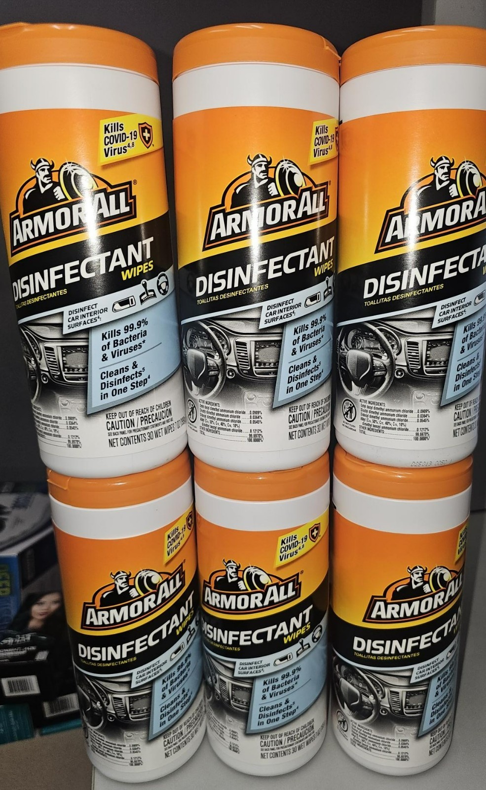 6X ARMOR ALL Car Interior surface Disinfectant Wipes – 30 Count Canister/each