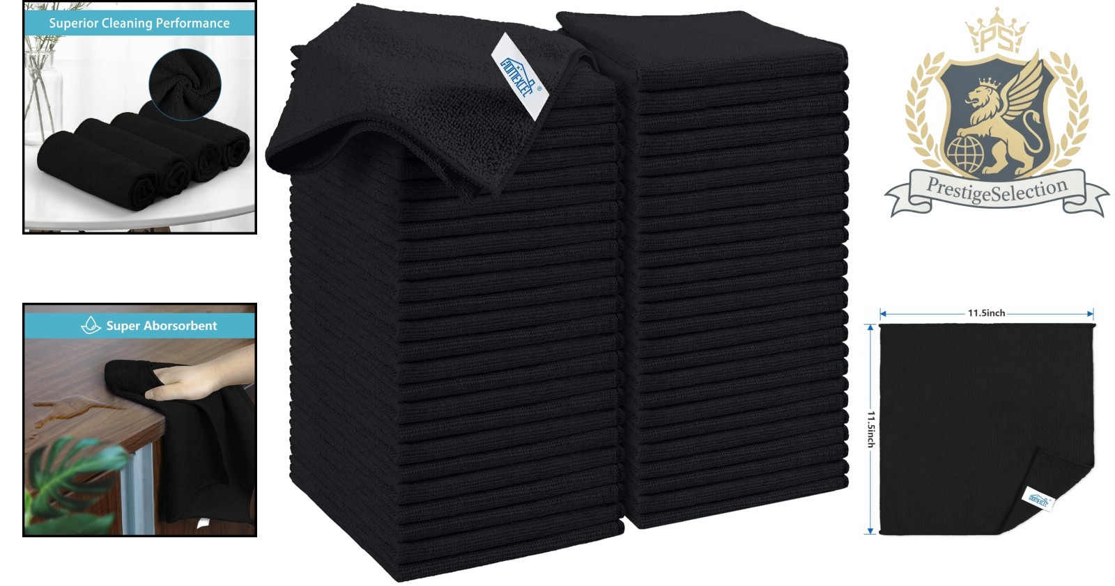 Classic Black 50PK Microfiber Cleaning Cloths 11.5in | Perfect for Kitchen & Car