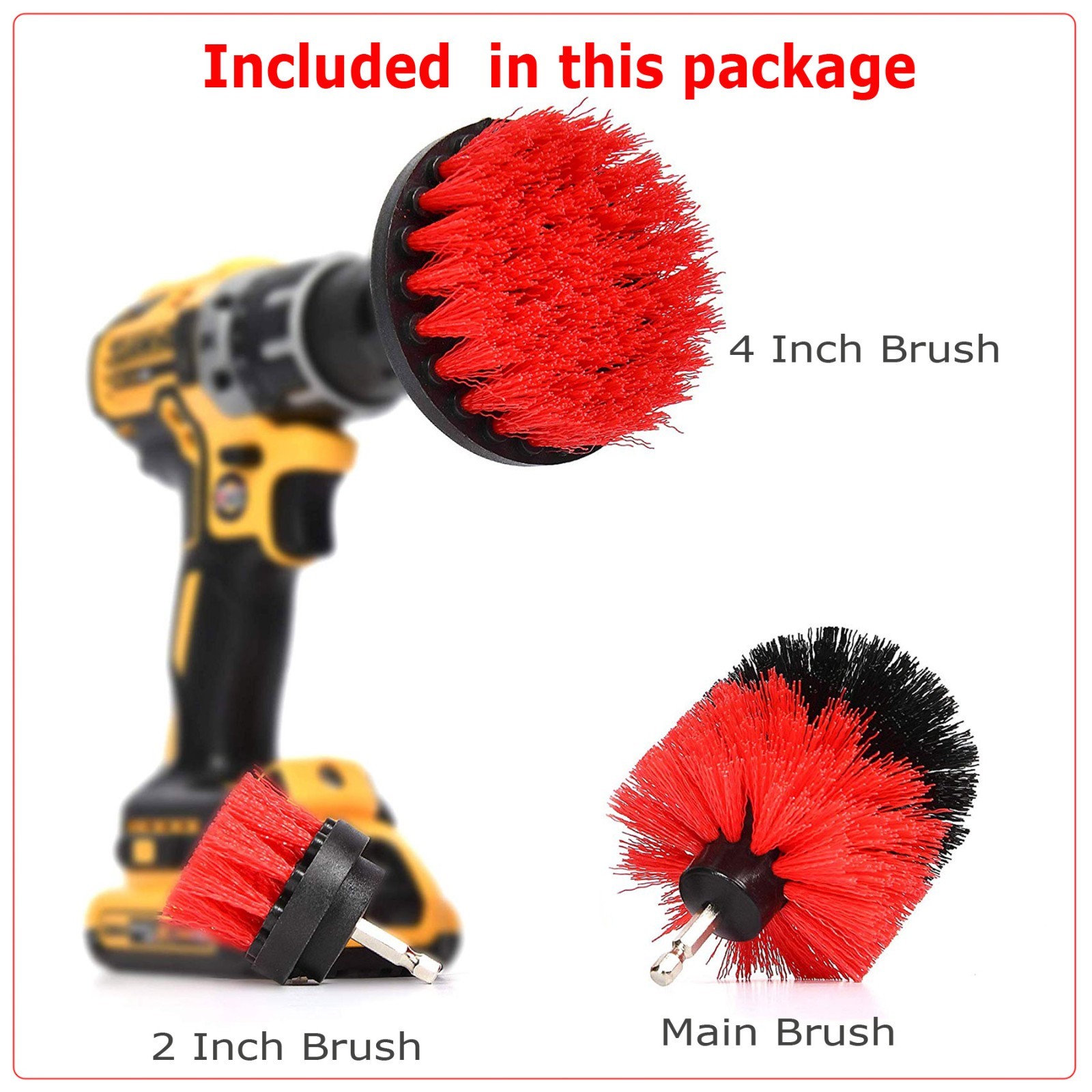 Red 6 Pack Drill Brush Attachment Scrubber Brushes Set Kit with Bit Extension