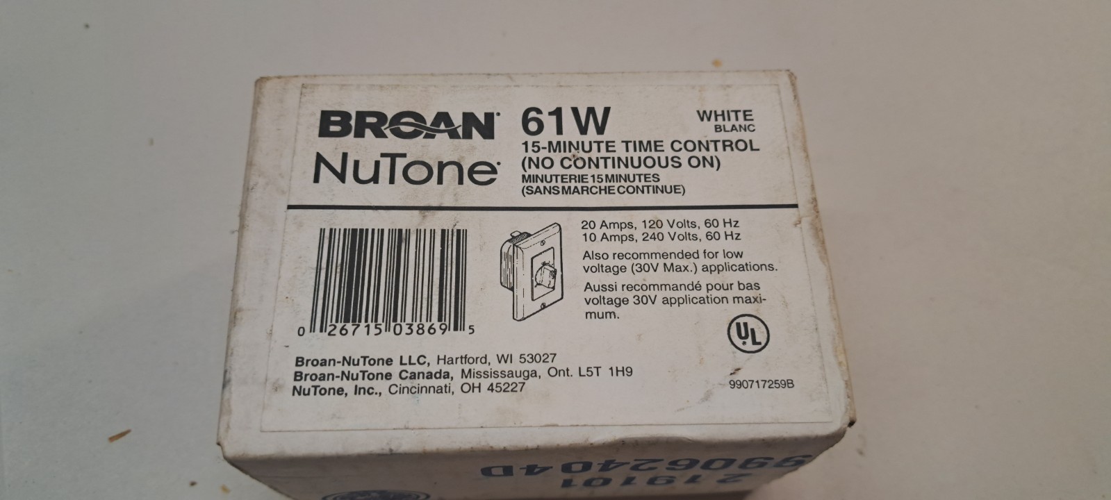 Broan-NuTone 15-Minute Time Control, 20/10 amps, 120/240V, White 61W