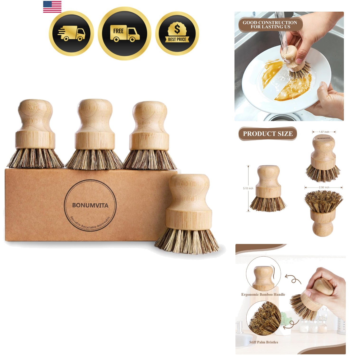 Bamboo Dish Brush Set 4 Pack Kitchen Cleaning Brush for Pots Pans Vegetables