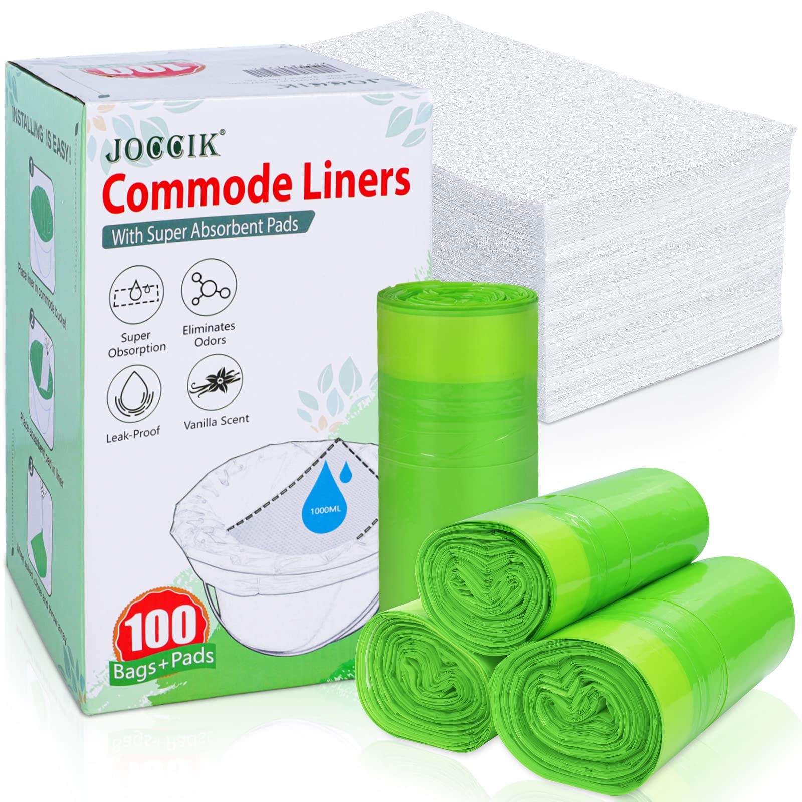 Bedside Commode Liners with Super Aborbent Pad, 1 Count (Pack of 100), White