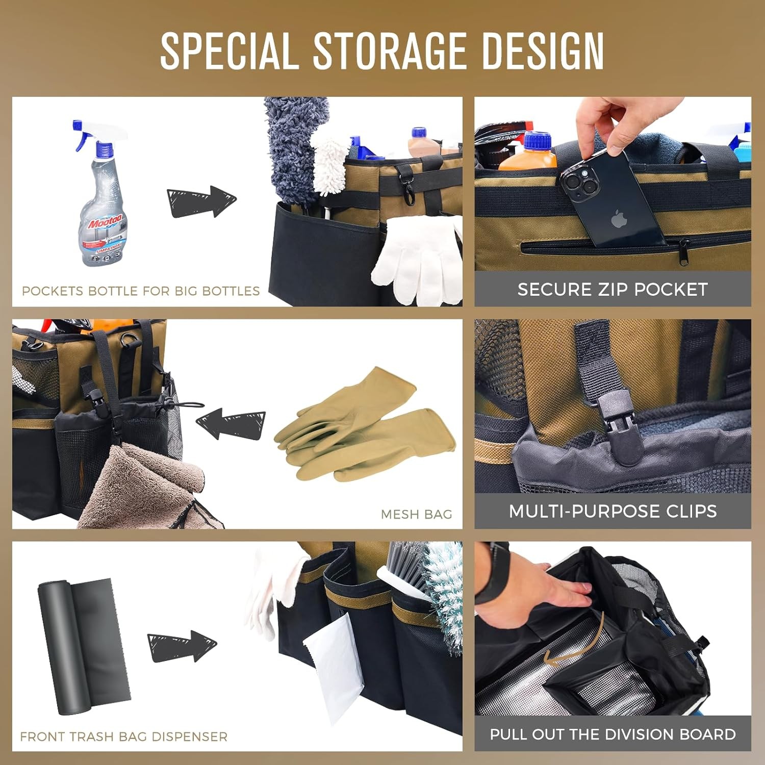 Wearable Cleaning Caddy Organizer with Handle & Shoulder Straps for Housekeepers