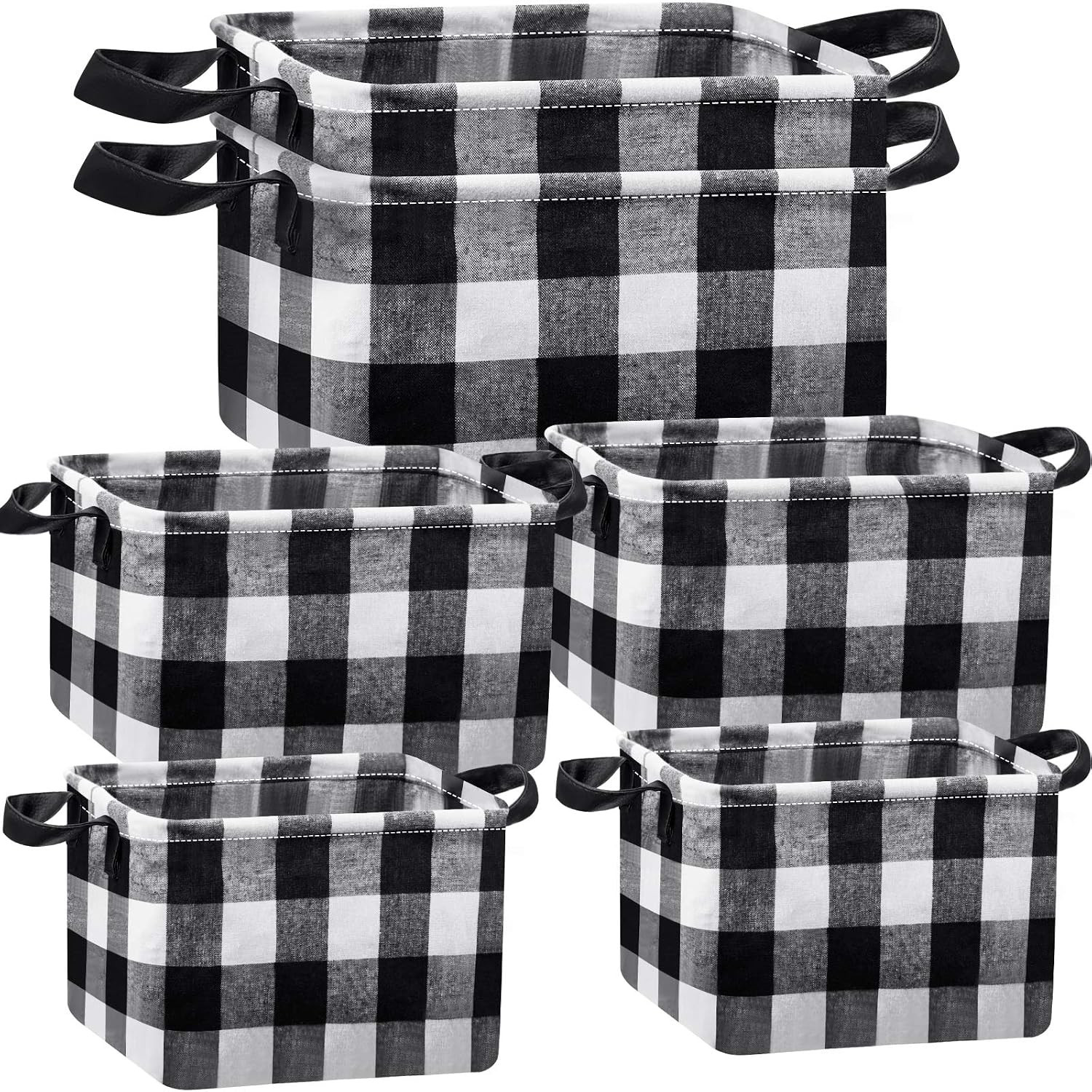 6 Pcs Black and White Buffalo Plaid Storage Baskets with Handles, Collapsible