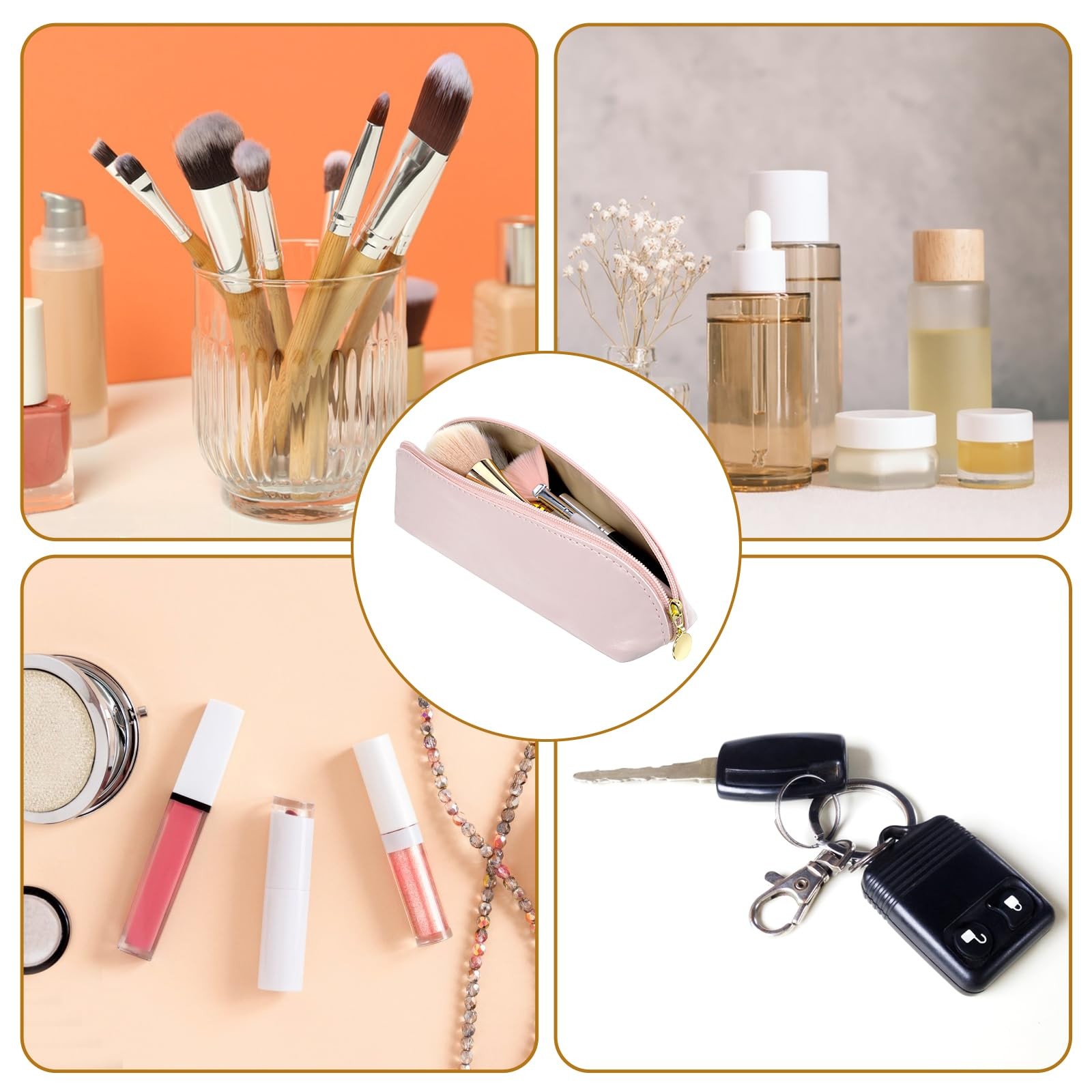 Prasacco Leather Makeup Brush Bag With 26x7x6.5 cm/10.2×2.8×2.56 in, Beige