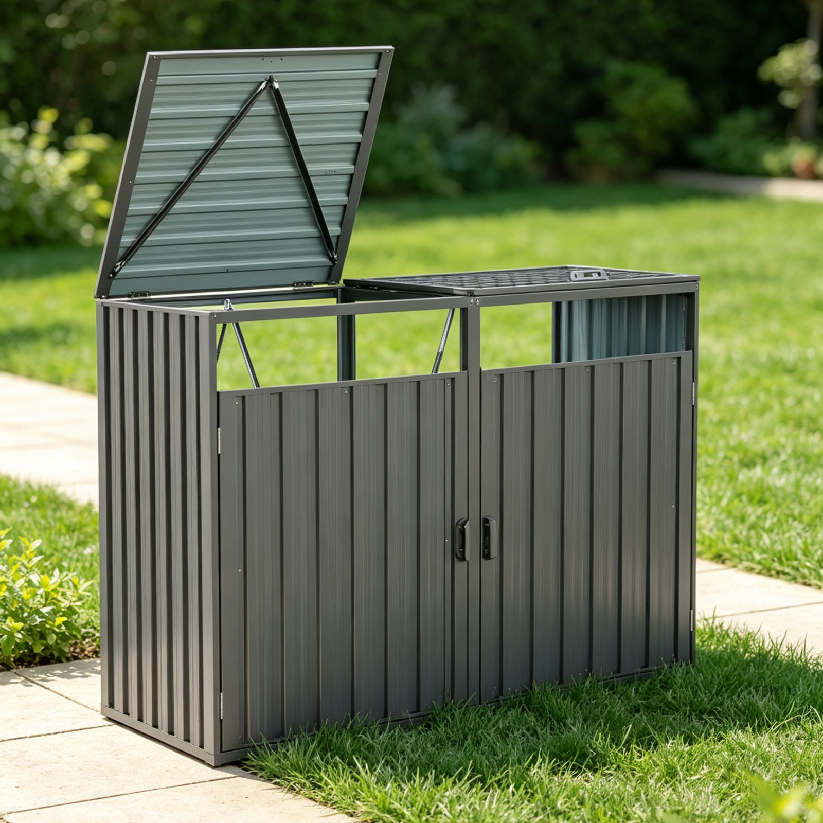 Garbage Bin Shed Stores 2 Trash Cans Metal Outdoor Bin Shed for Garbage Storage