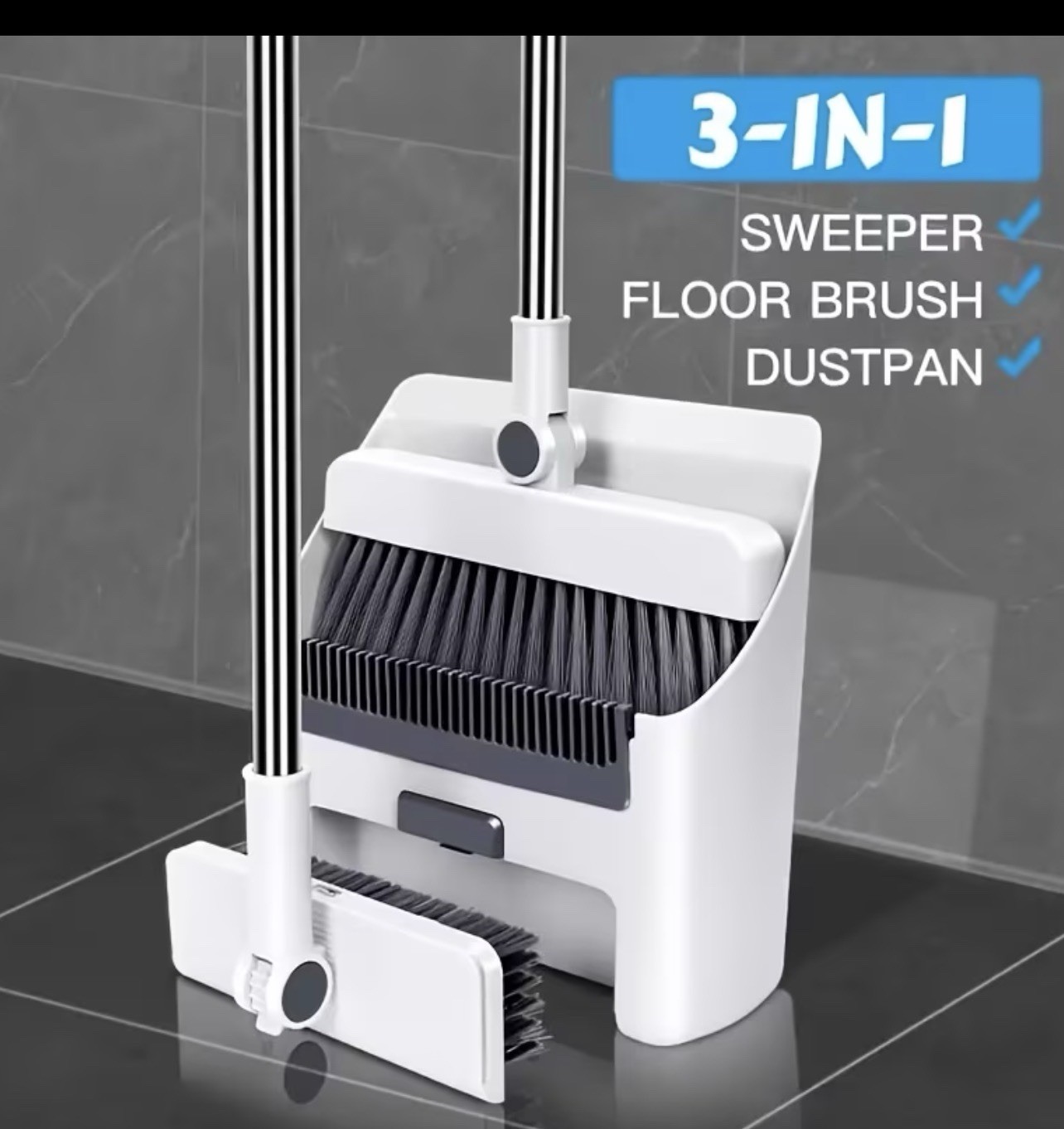 3-in-1 Floor Sweeper Brush & Dustpan Set, Plastic Bristles, White/Gray