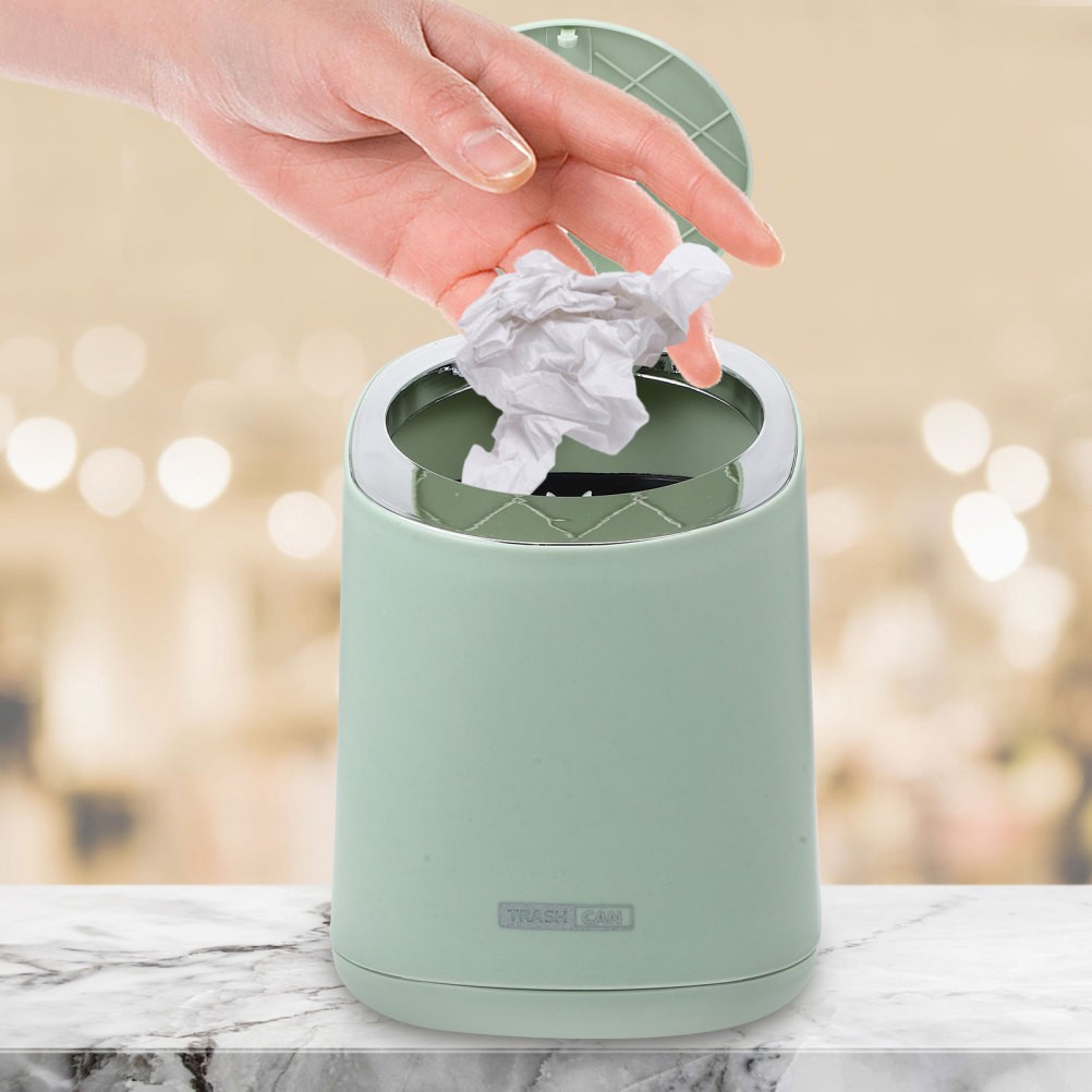 1 Set Mini Reusable Desk Trash Can with Lid Light Green ABS PP Press Type