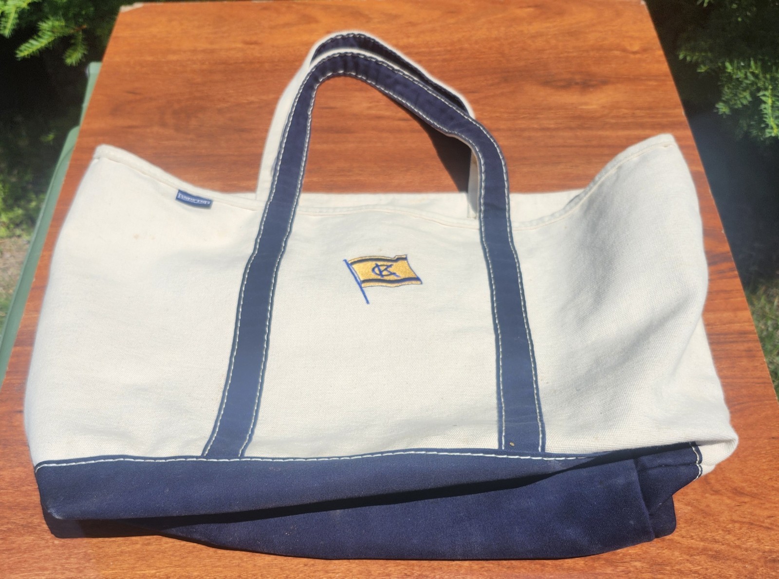 Vintage Lands’ End Canvas Tote Bag Heavy Duty White/Blue USA Nice