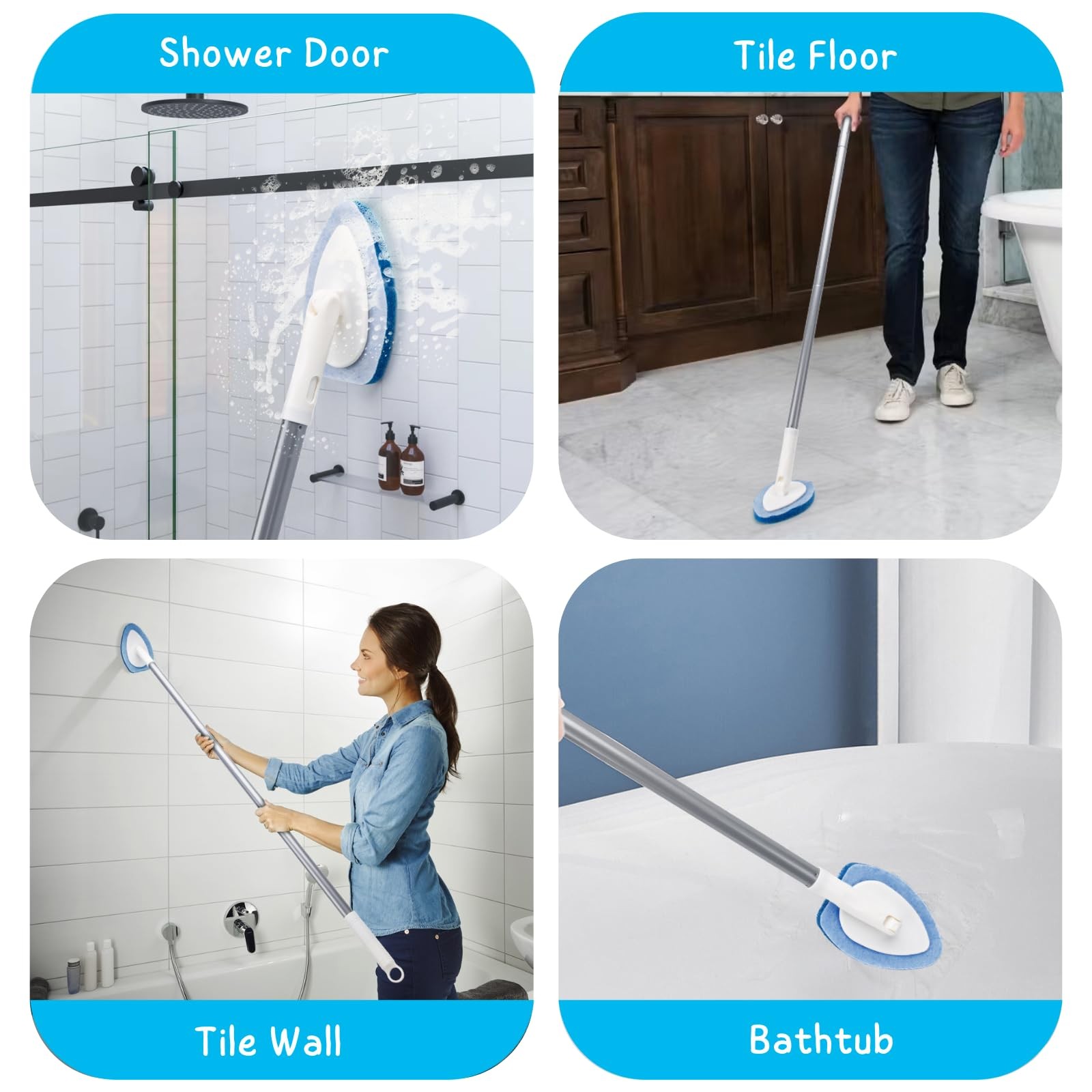 Shower Scrubber, Bathroom Tub and Tile Cleaner Brush with Long Handle, 47” B…