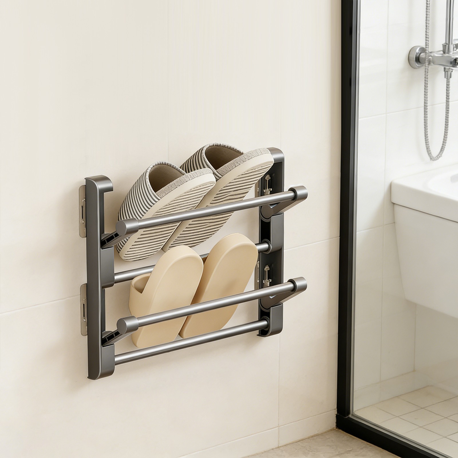 2 Tiers Bathroom Slipper Rack, Wall-mounted Foldable Shoe Rack For Behind Doors