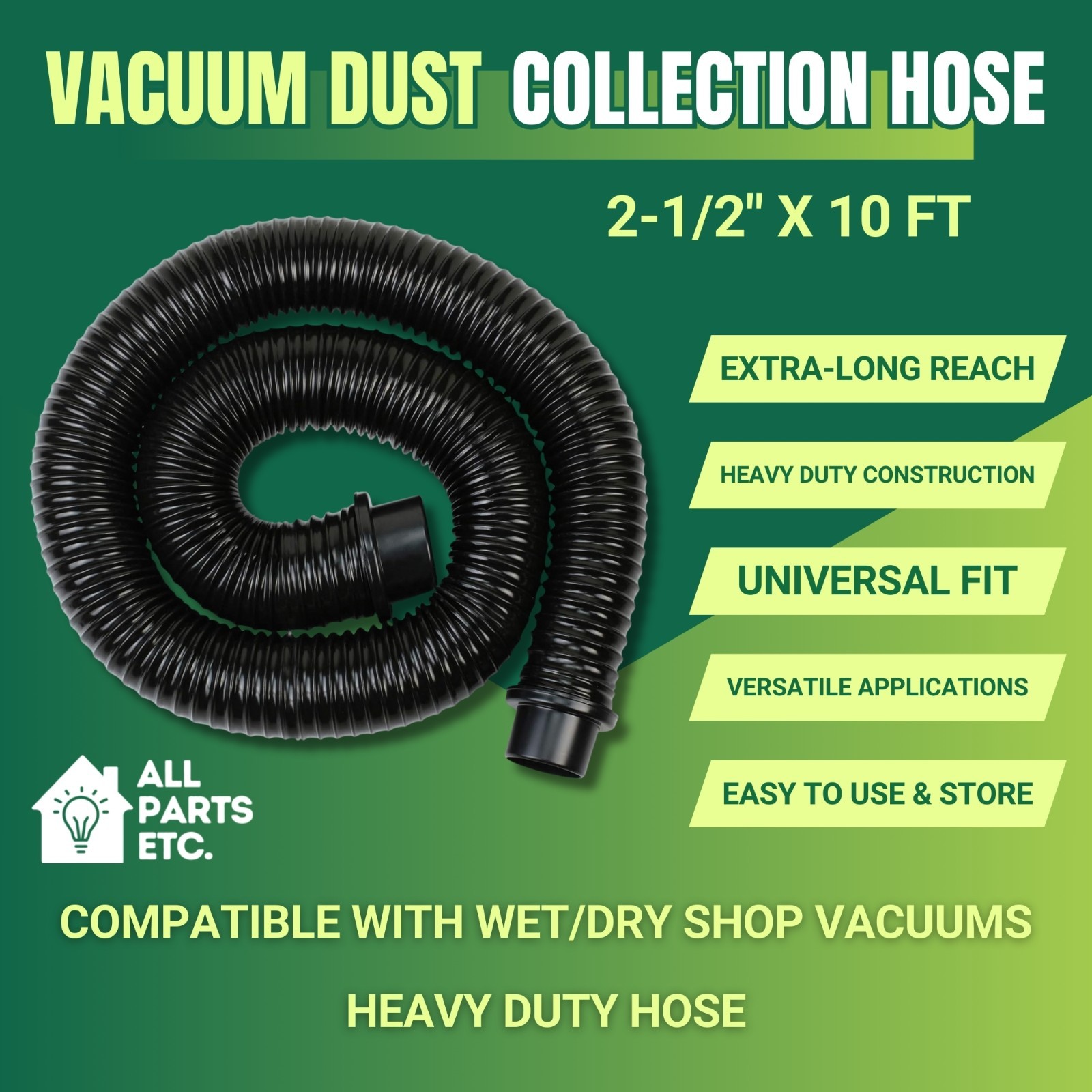 2-1/2″ x 10 ft Vacuum Dust Collection Hose – Compatible with Wet/Dry Shop Vacuum