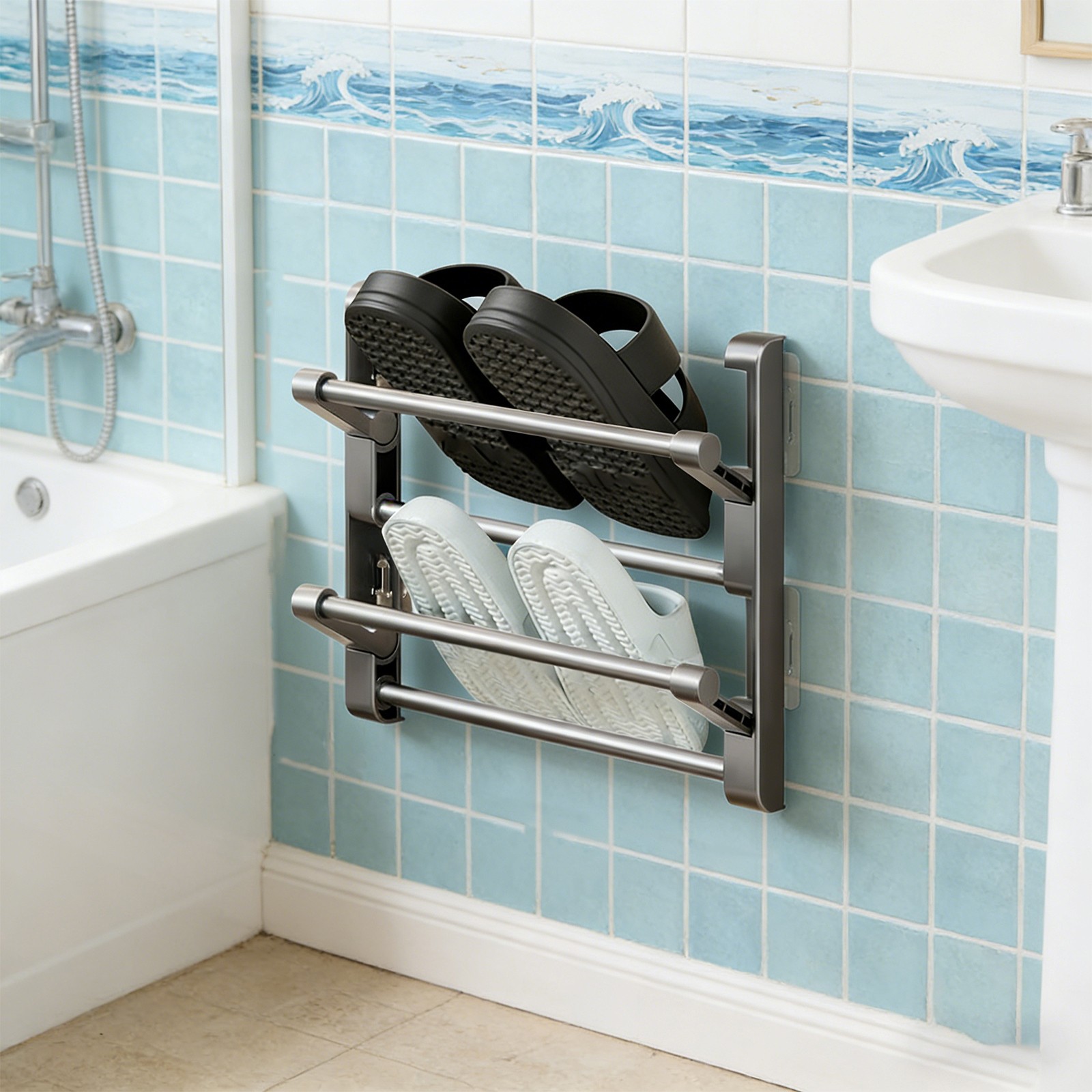 2 Tiers Bathroom Slipper Rack, Wall-mounted Foldable Shoe Rack For Behind Doors