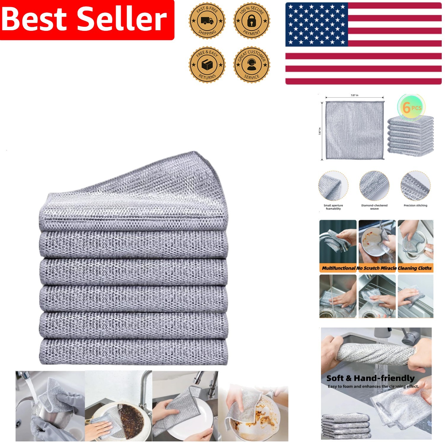 Wire Cleaning Cloths 6-Pack Non-Scratch Miracle Silver Microfiber Kitchen Scrub