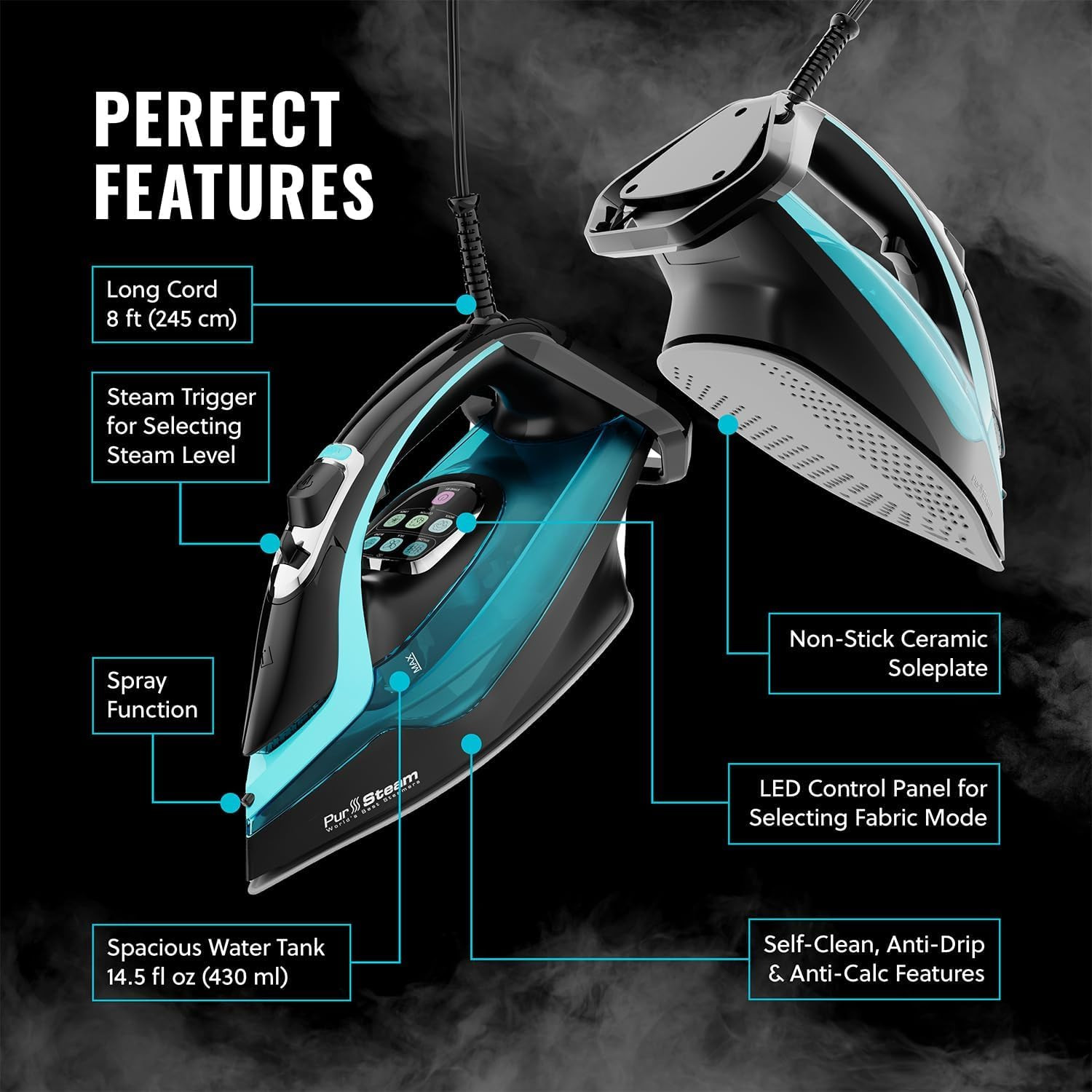 Pursteam Steamtech Steam Iron with LED Display, Ceramic Soleplate, 1750W | 1750W