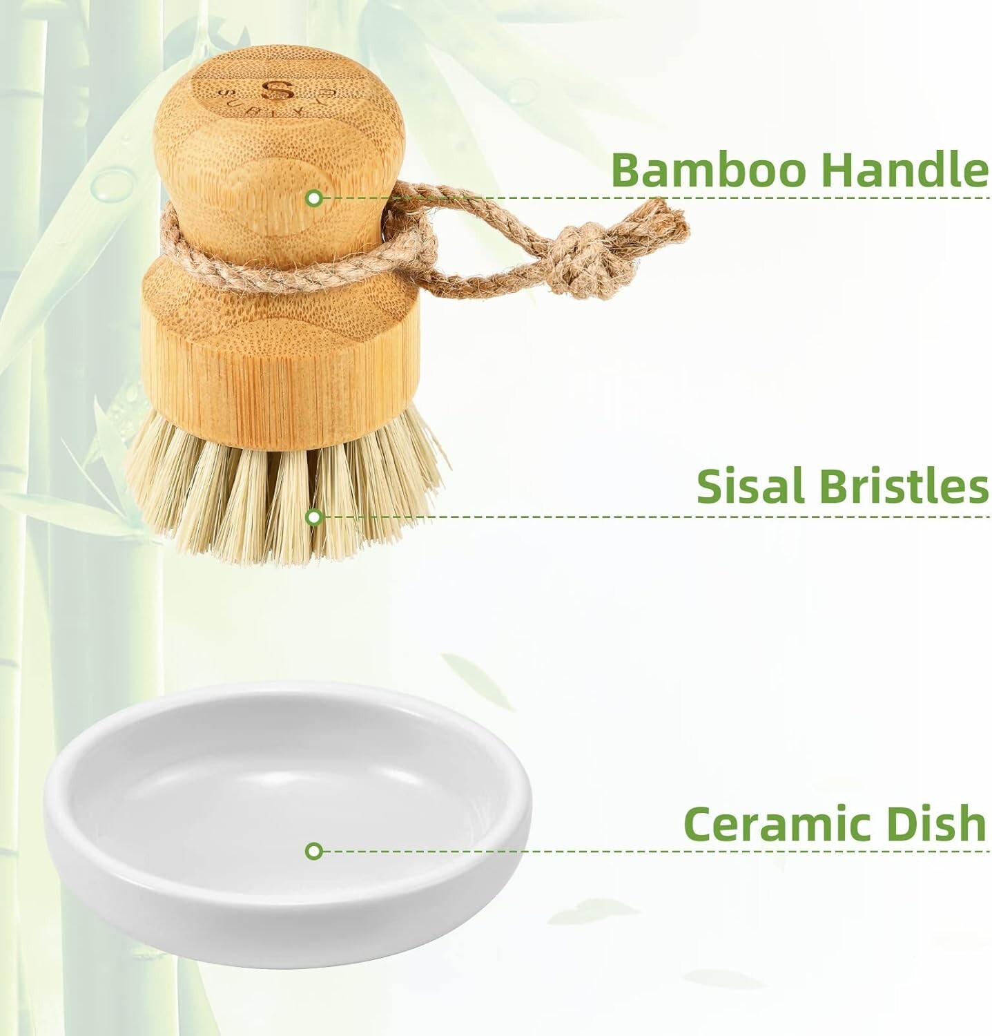 Bamboo Dish Scrub Brushes by Subekyu, Kitchen Wooden Cleaning Scrubbers set of 3