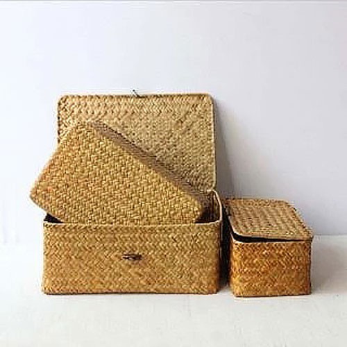Handmade Seagrass Storage Basket with Lid Woven Rattan Organizer Box