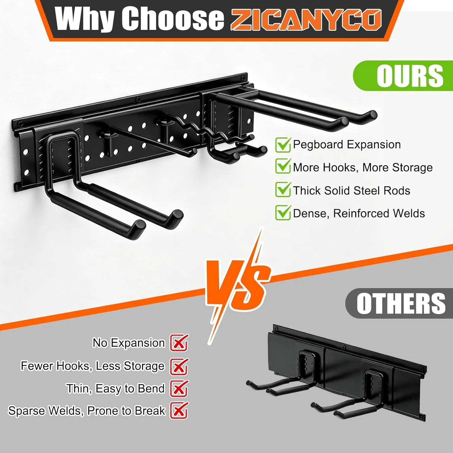 Garage Tool Organizer Wall Mount 66 inches with 13 Adjustable Heavy-Duty Hooks,