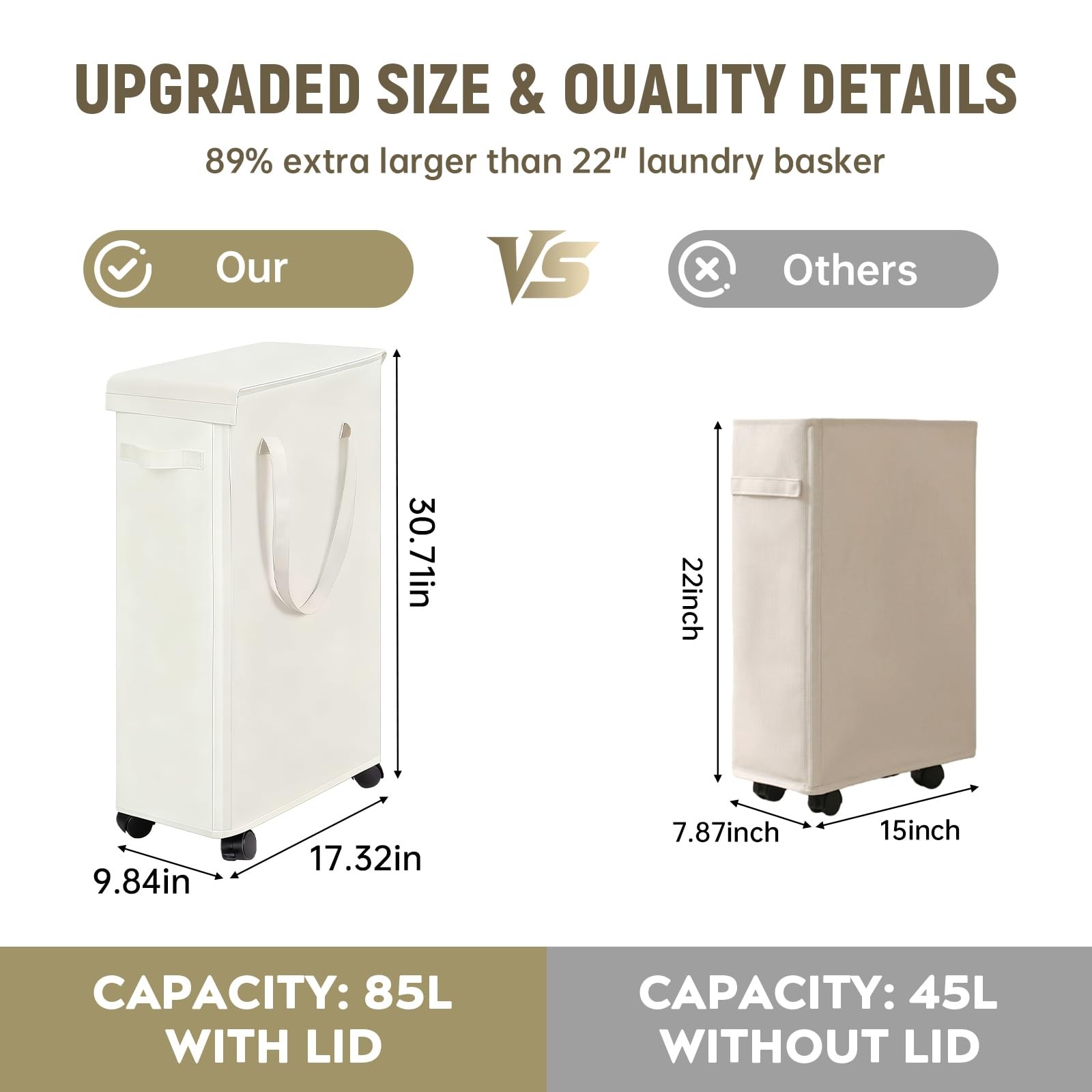 85L Rolling Laundry Hamper Lid Wheels Foldable Dirty Clothes Organizer Beige