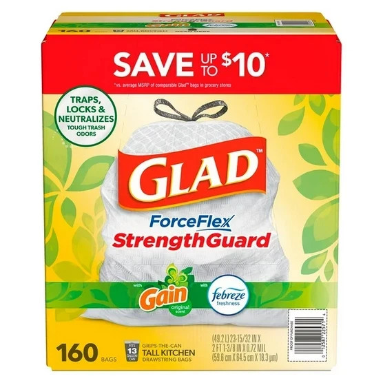 Glad ForceFlex 13 Gal Trash Bags, Gain + Febreze Scent, 160‑Count Roll