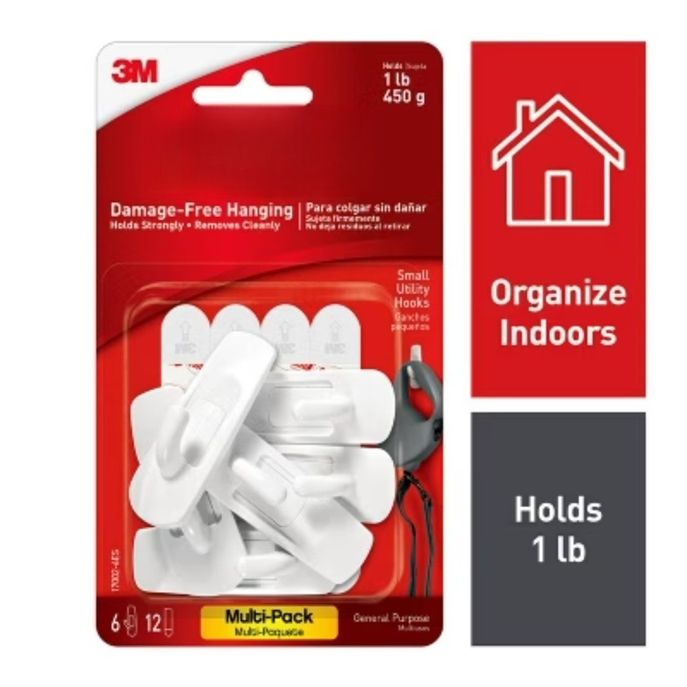 6pk White Adhesive Wall Hooks 1lb, 12 Strips Small Decorative
