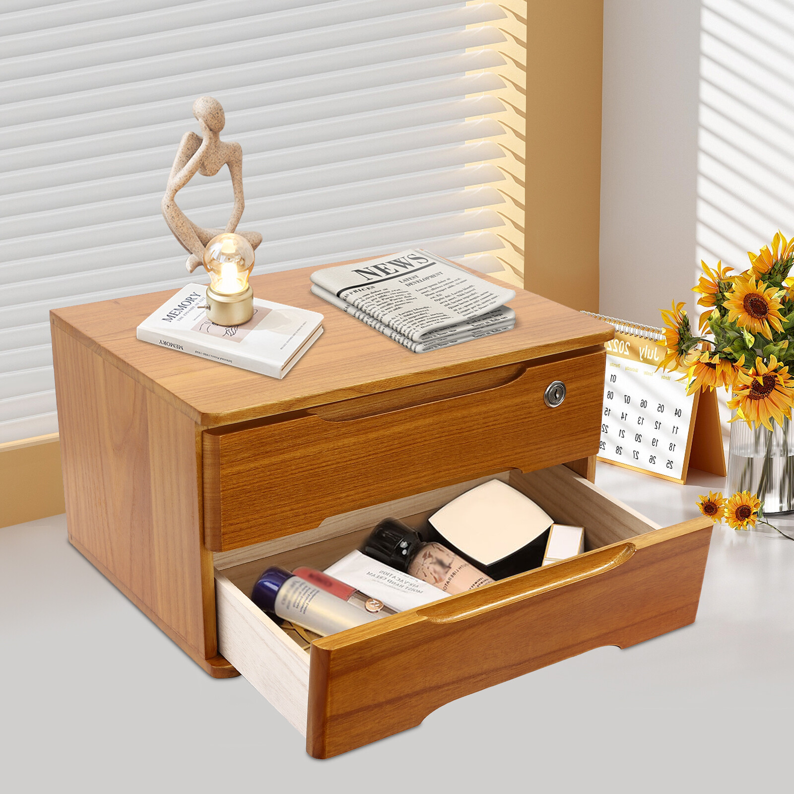 2 Tiers Wooden Tabletop Organizer Box Lockable Desktop Storage Cabinet w/Drawers