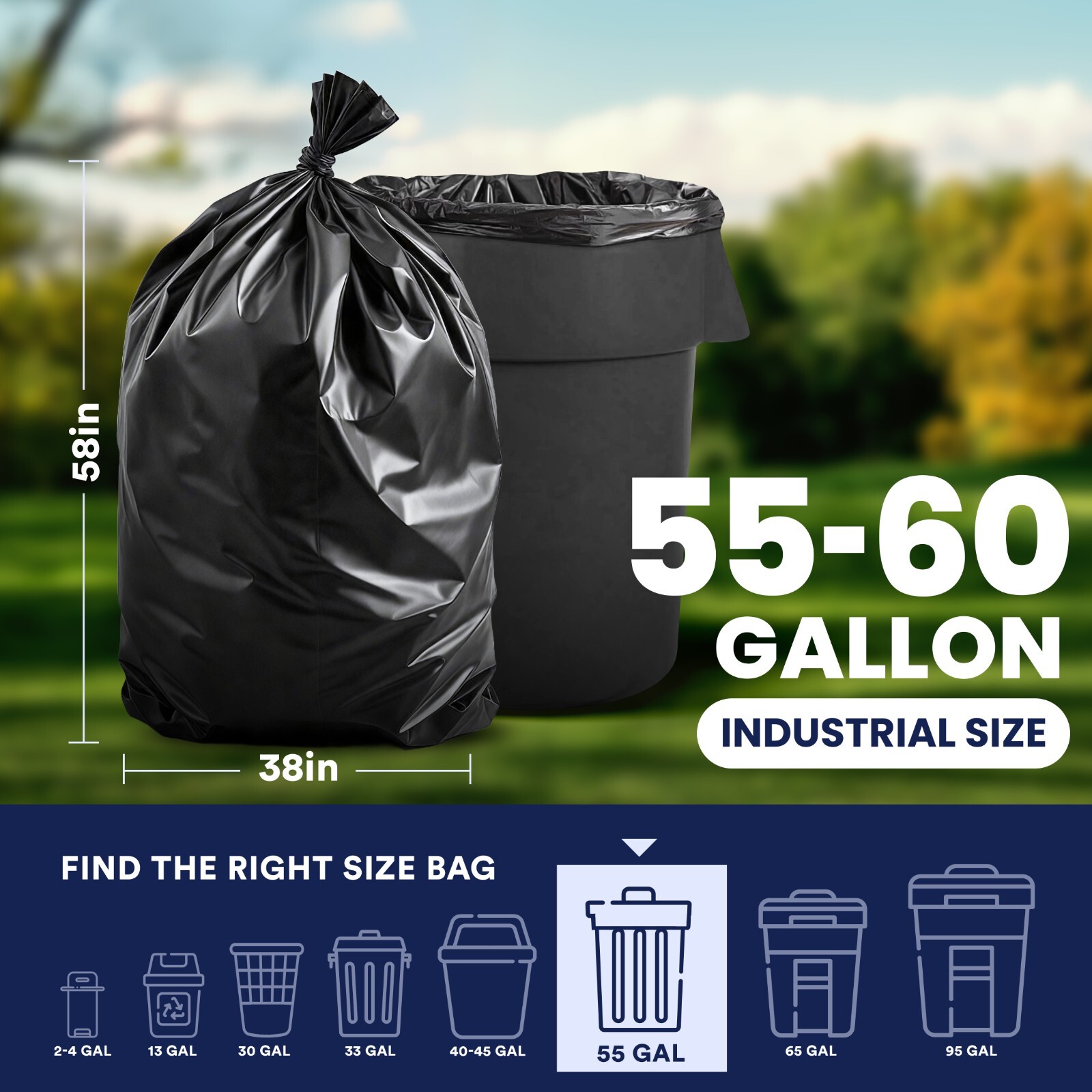 Plasticplace Heavy Duty 55-60 Gallon Black Trash Bags, 1.2 Mil, 50 Count
