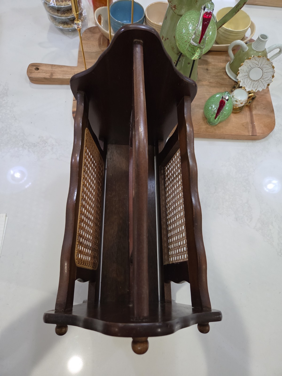 Vintage MCM Wood Wicker Rattan Cane Magazine Book Record Rack Holder Jay Imports