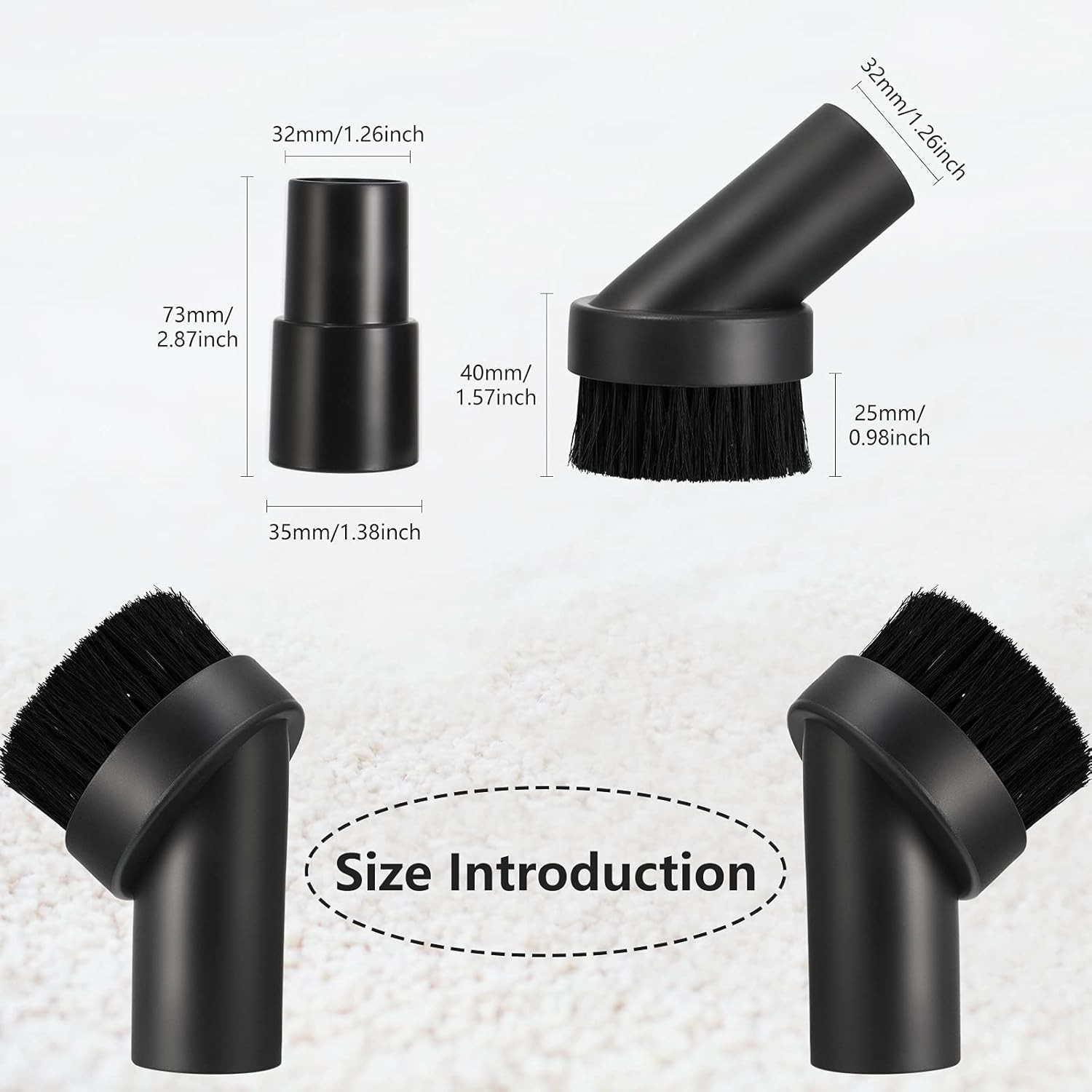 3-Pc Round Dust Brush Set with Hose Adapter for 1.25-Inch Vacuum Attachments