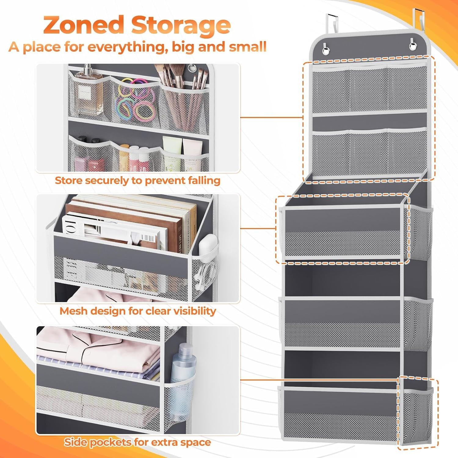 5-Tier over the Door Organizer with Mesh Pockets, Dark Grey | 6 Mesh Pockets, 3