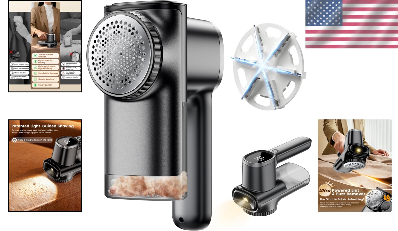3D 6-Blade Rechargeable Lint Remover with LED Display & 180 Min Runtime
