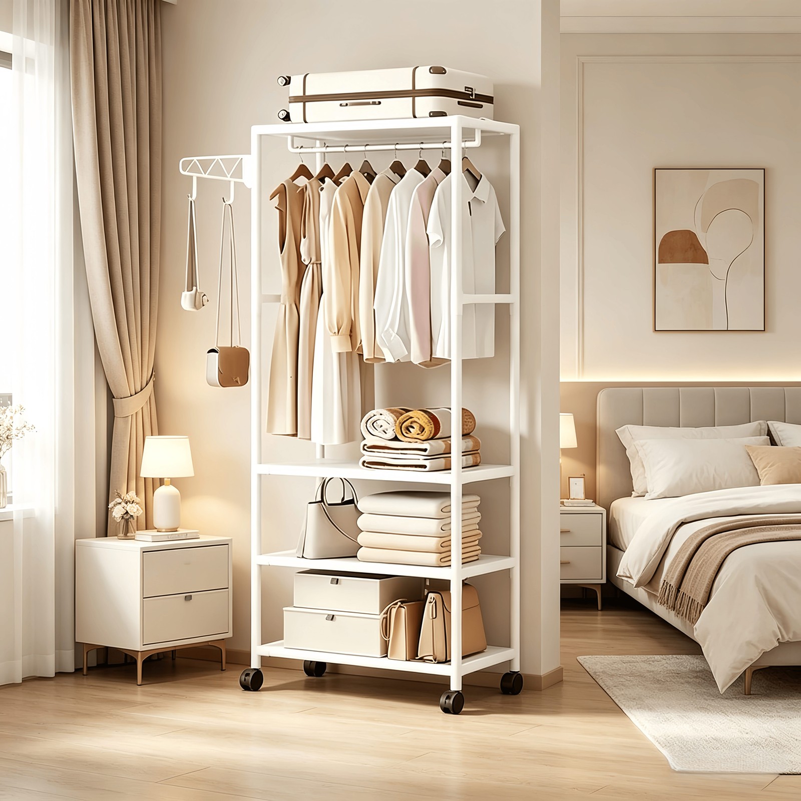1pc Heavy Duty Freestanding Clothes Rack with Wheels & Hooks