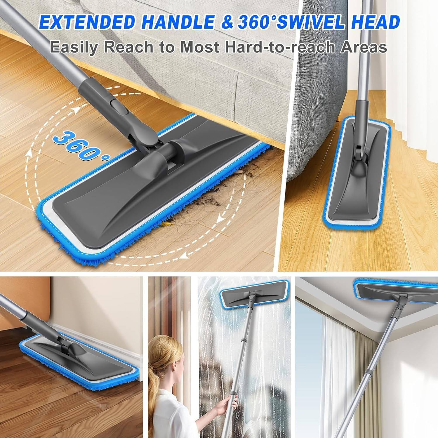 Microfiber Floor Mop Flat Cleaning Tool with 4 Washable Pads Adjustable Handle