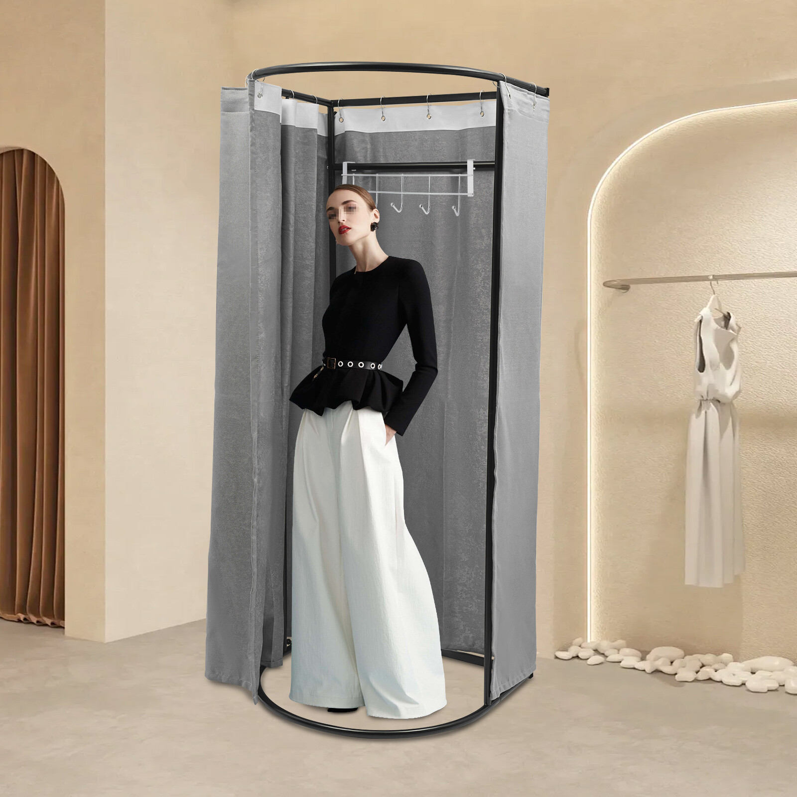 Fitting Room with Grey Shading Curtain, Portable Clothing Store Dressing Room