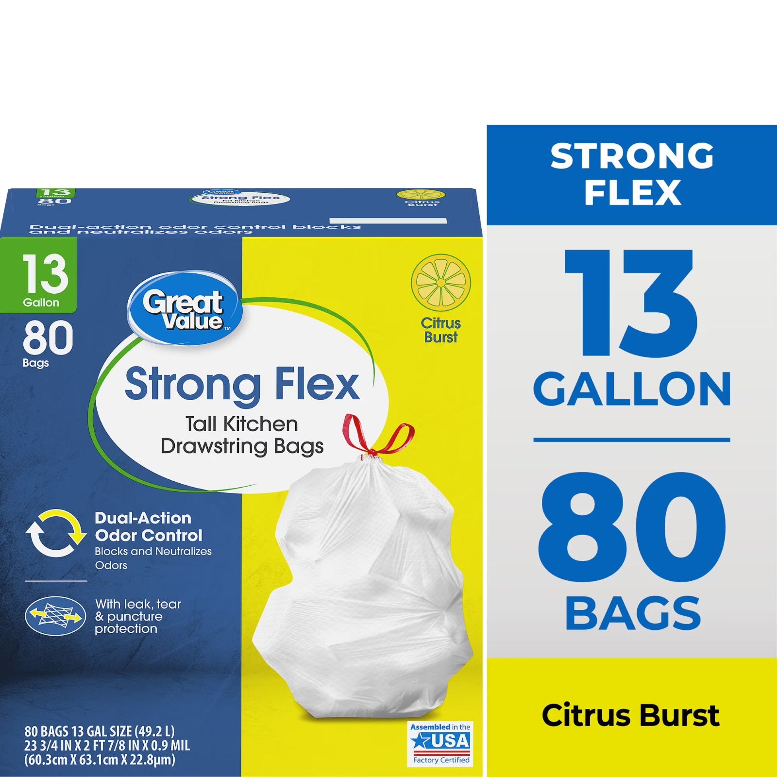 Great Value Strong Flex 13-Gallon Drawstring Tall Kitchen Trash Bags, Citrus Bur