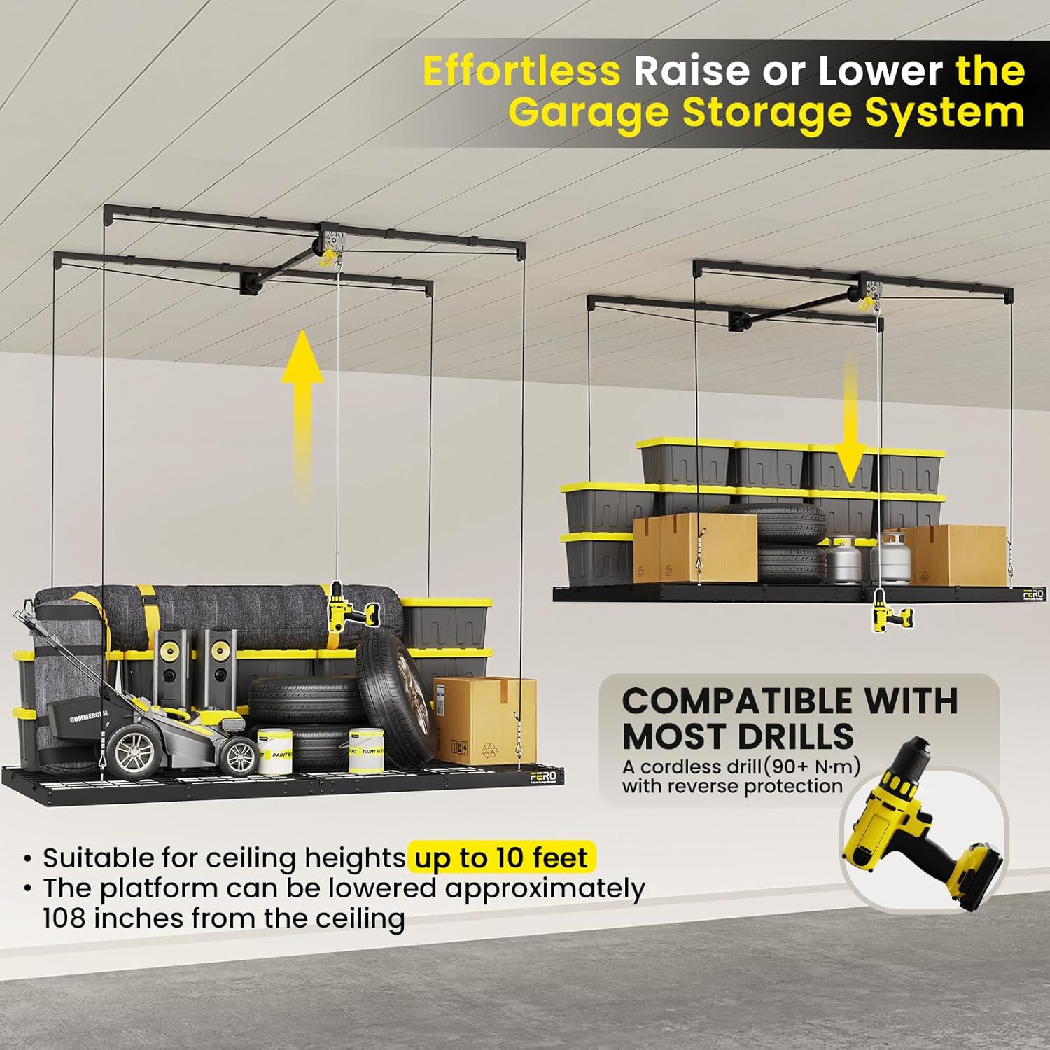 FERO Overhead Garage Storage Rack 4×8, 500 lb Heavy-Duty Capacity, Ceiling Mount