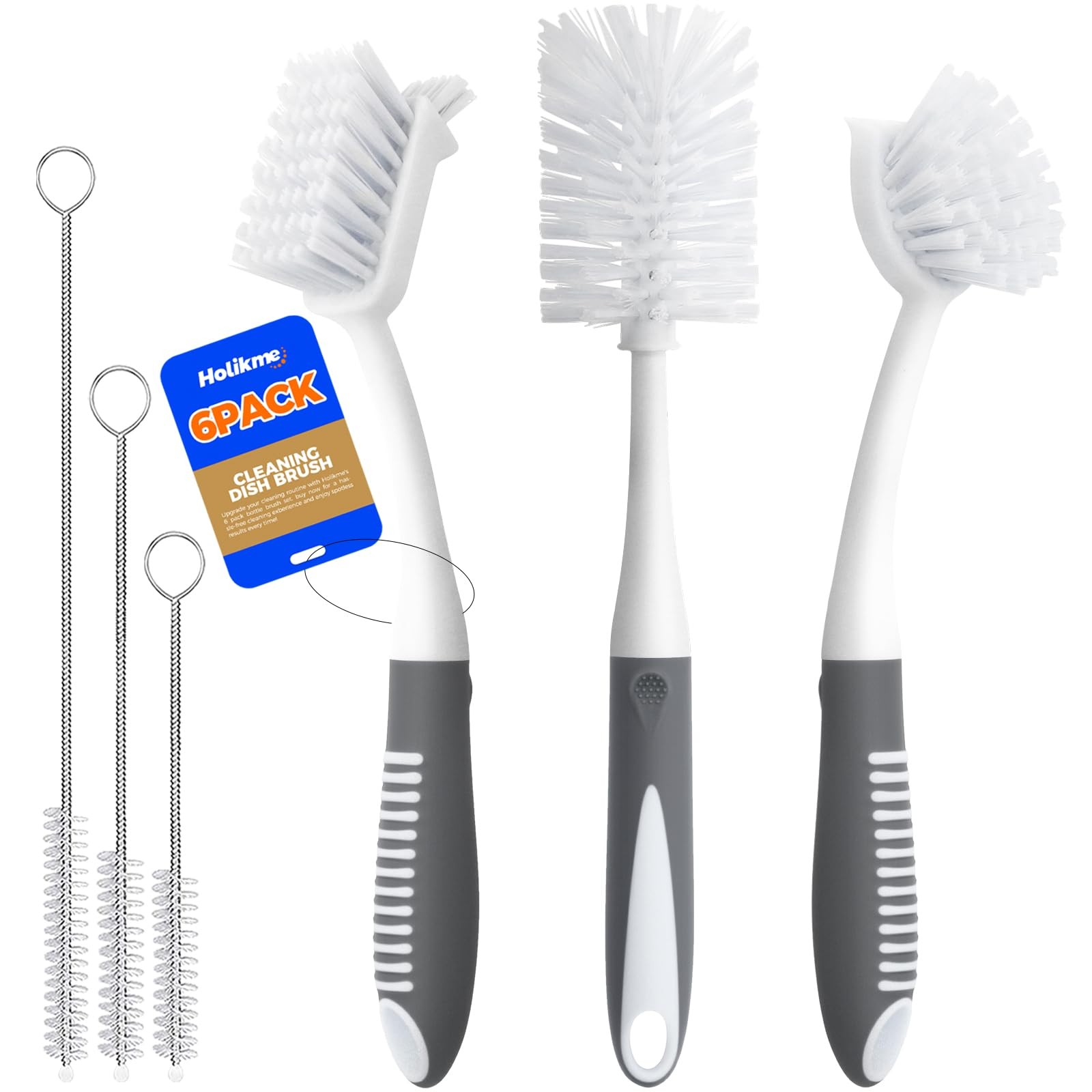 Holikme 6 Pack Dish Brush Set with Bottle Brush, Scrub 6 Pack, Gray