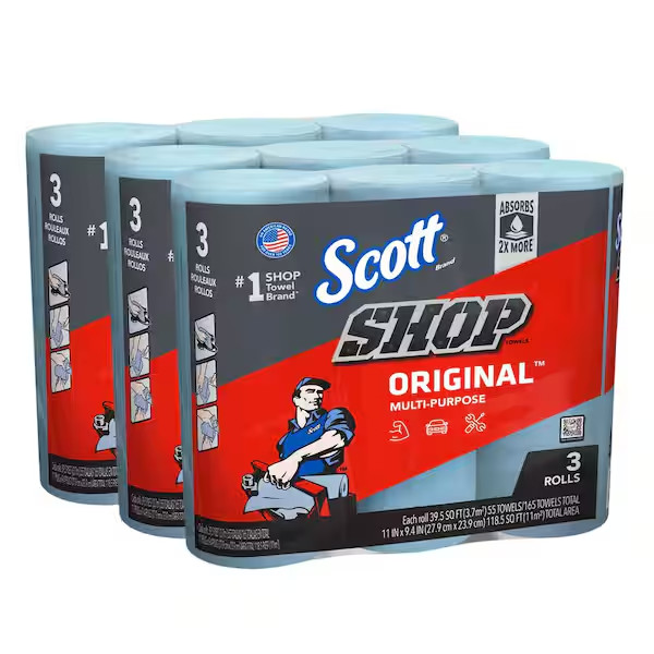 Blue Shop Towel Cleaning Wipes 3-Pack , Bundle of 9 Rolls