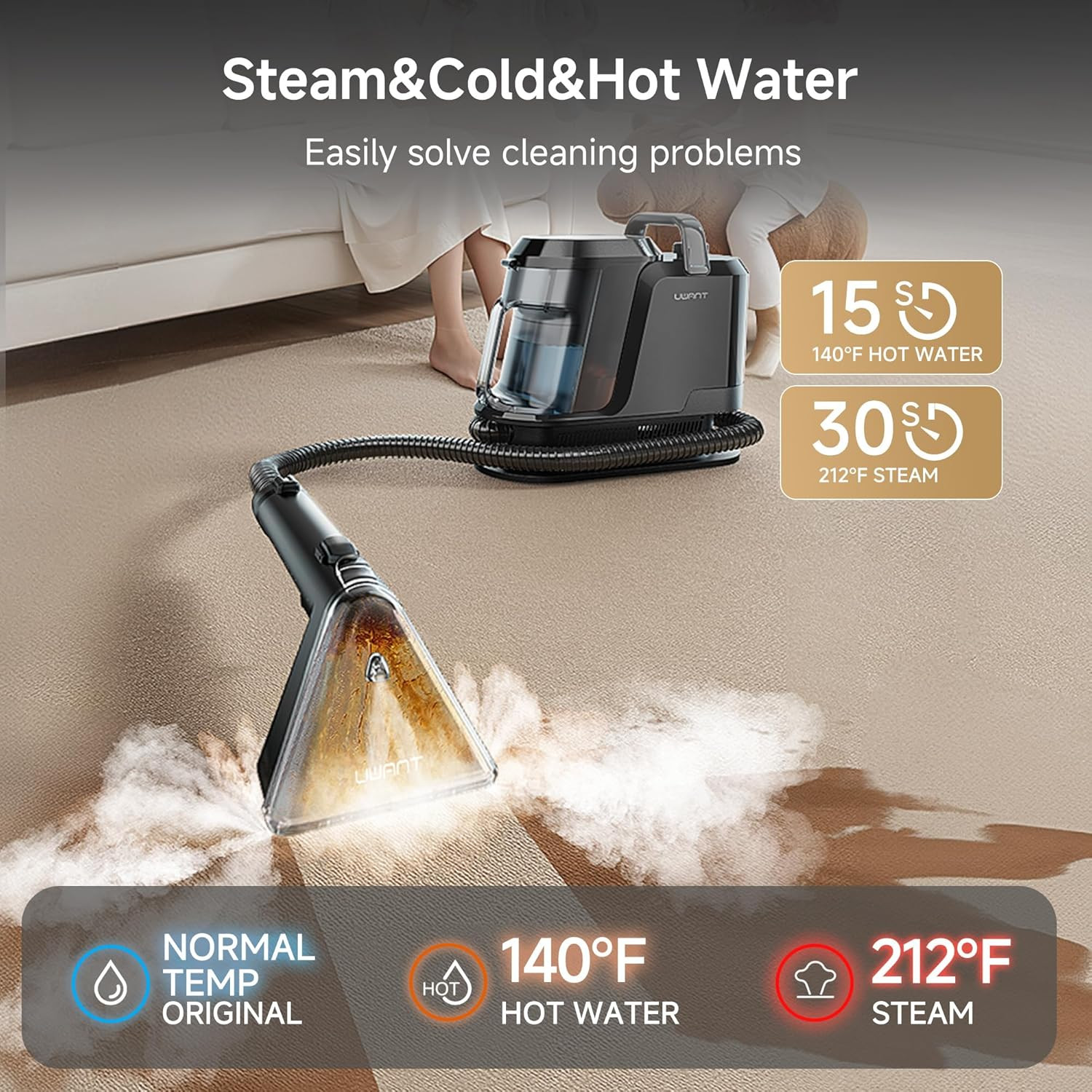 Uwant Carpet Cleaner Machine with Steam&Hot&Cold Water System 18Kpa Powerful Suc