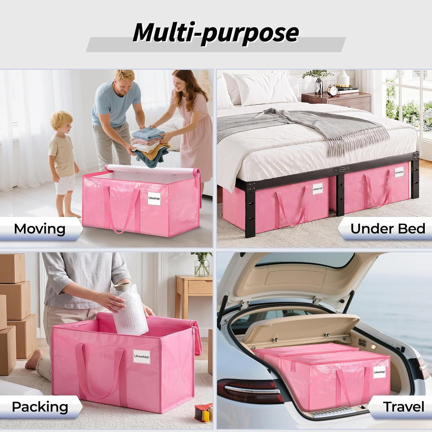 8 Pack Extra Large Clothes Storage Bins with Lids, Moving Bags, Pink | Storage B