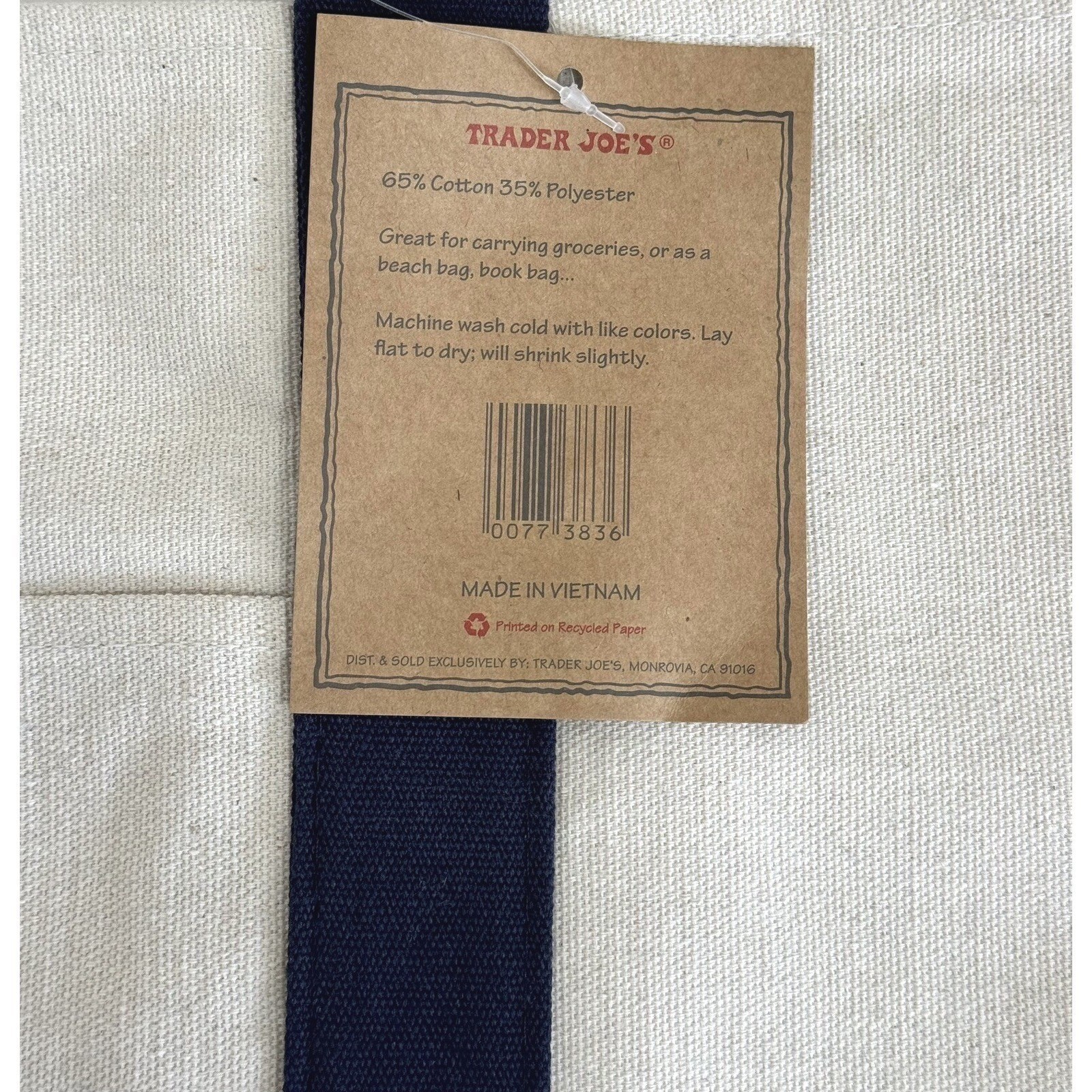 Trader Joes Reusable Canvas Tote Shopping Bag Navy Blue Cream Eco Heavy Duty NWT