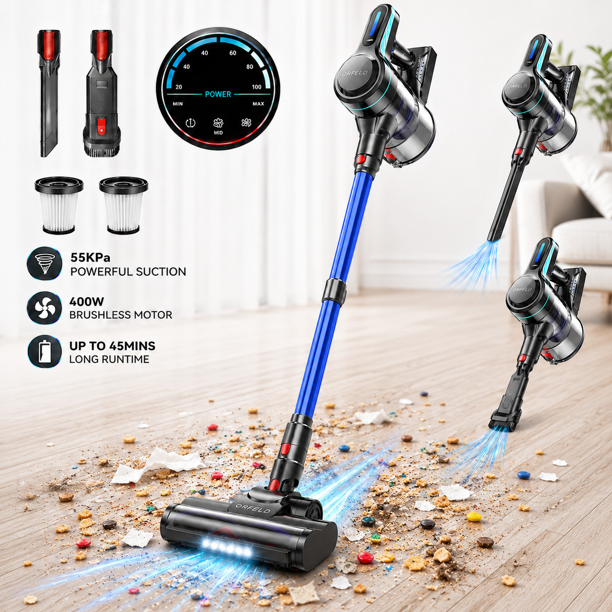 55Kpa Cordless Vacuum Cleaner 1.5L Stick Lightweight for Pet Hair Hardwood Floor